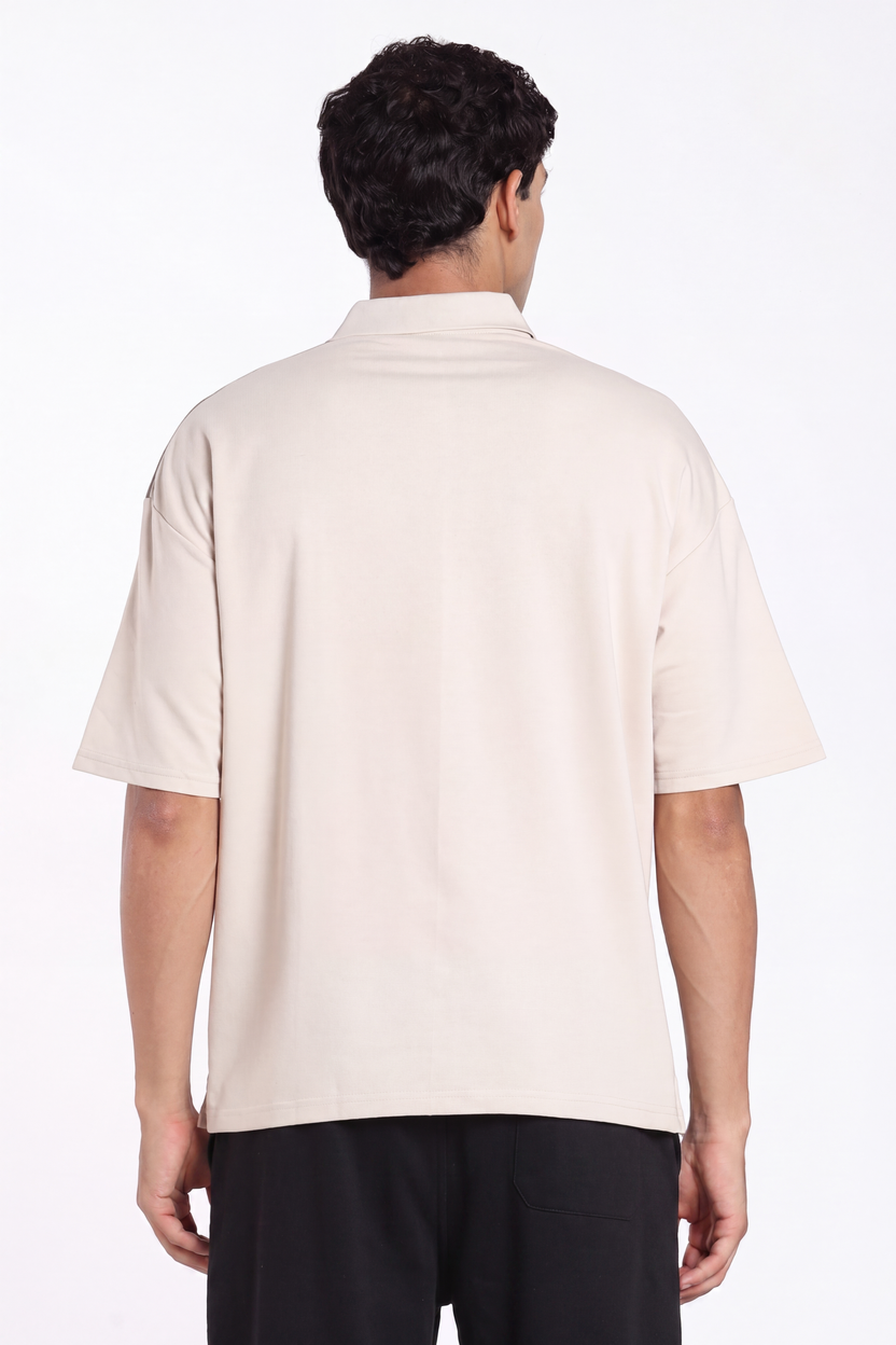 Beige Drop Shoulder Sleeves Oversized Fit Polo T-Shirt for Men - Image 5