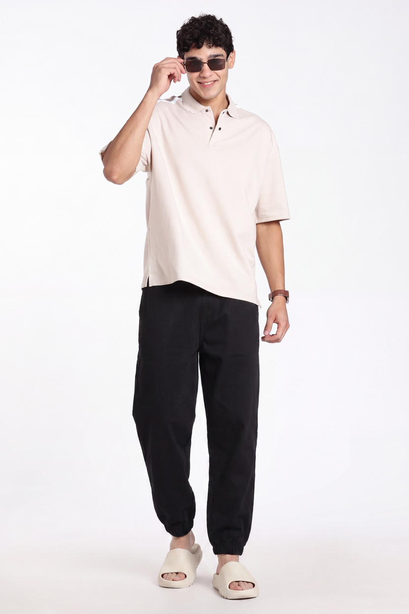 Beige Drop Shoulder Sleeves Oversized Fit Polo T-Shirt for Men - Image 6