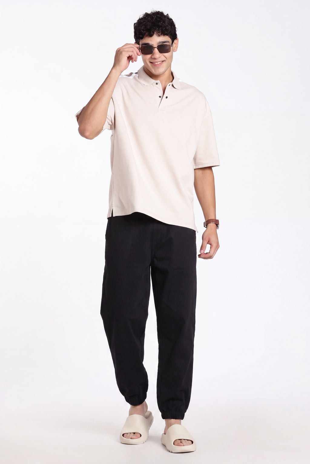 Beige Drop Shoulder Sleeves Oversized Fit Polo T-Shirt for Men - Image 6