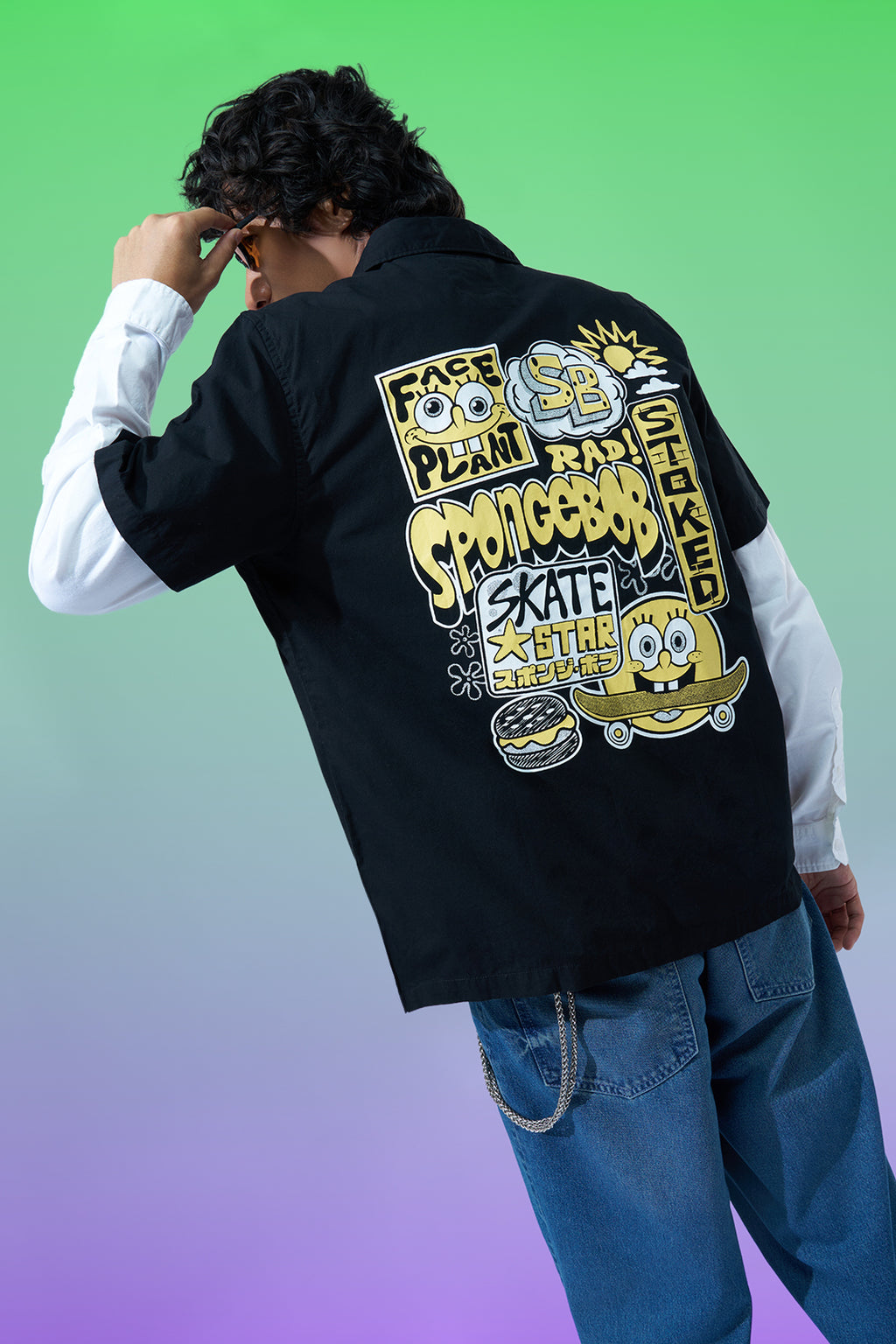 Black Sponge-Bob Graphic Boxy Fit Shirt for Men - Image 1