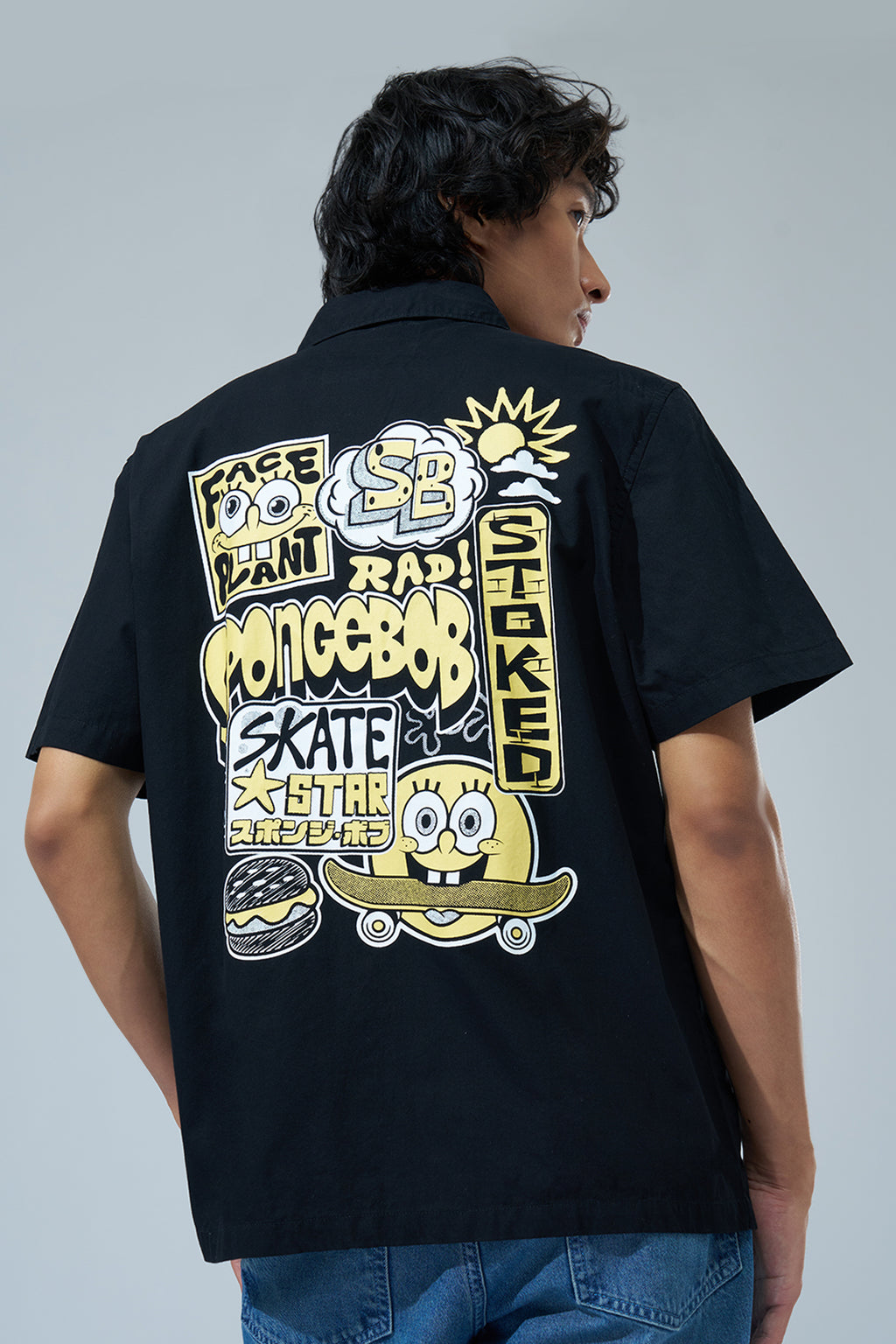 Black Sponge-Bob Graphic Boxy Fit Shirt for Men - Image 5