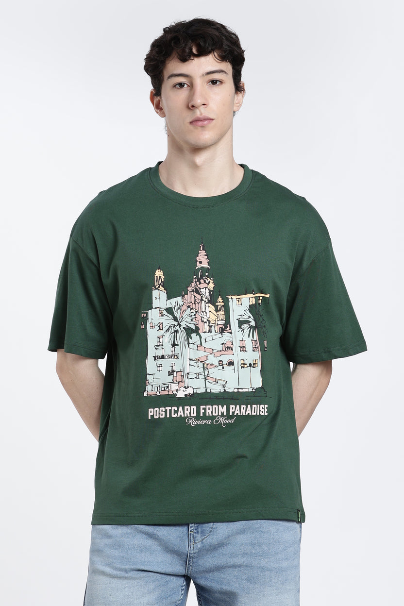 Green Graphic Printed Oversized Fit T-Shirt for Men - Image 2