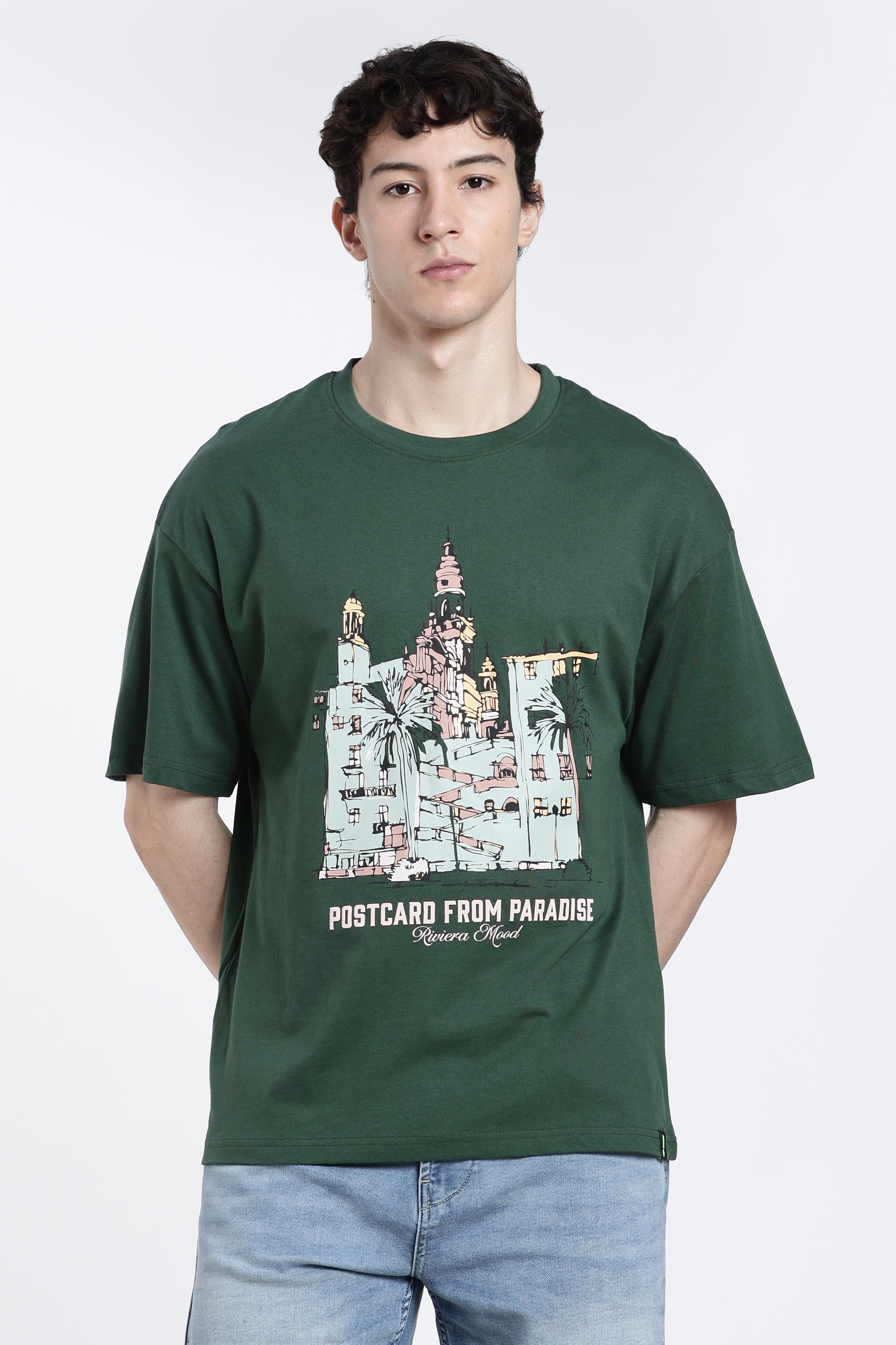 Green Graphic Printed Oversized Fit T-Shirt for Men - Image 2