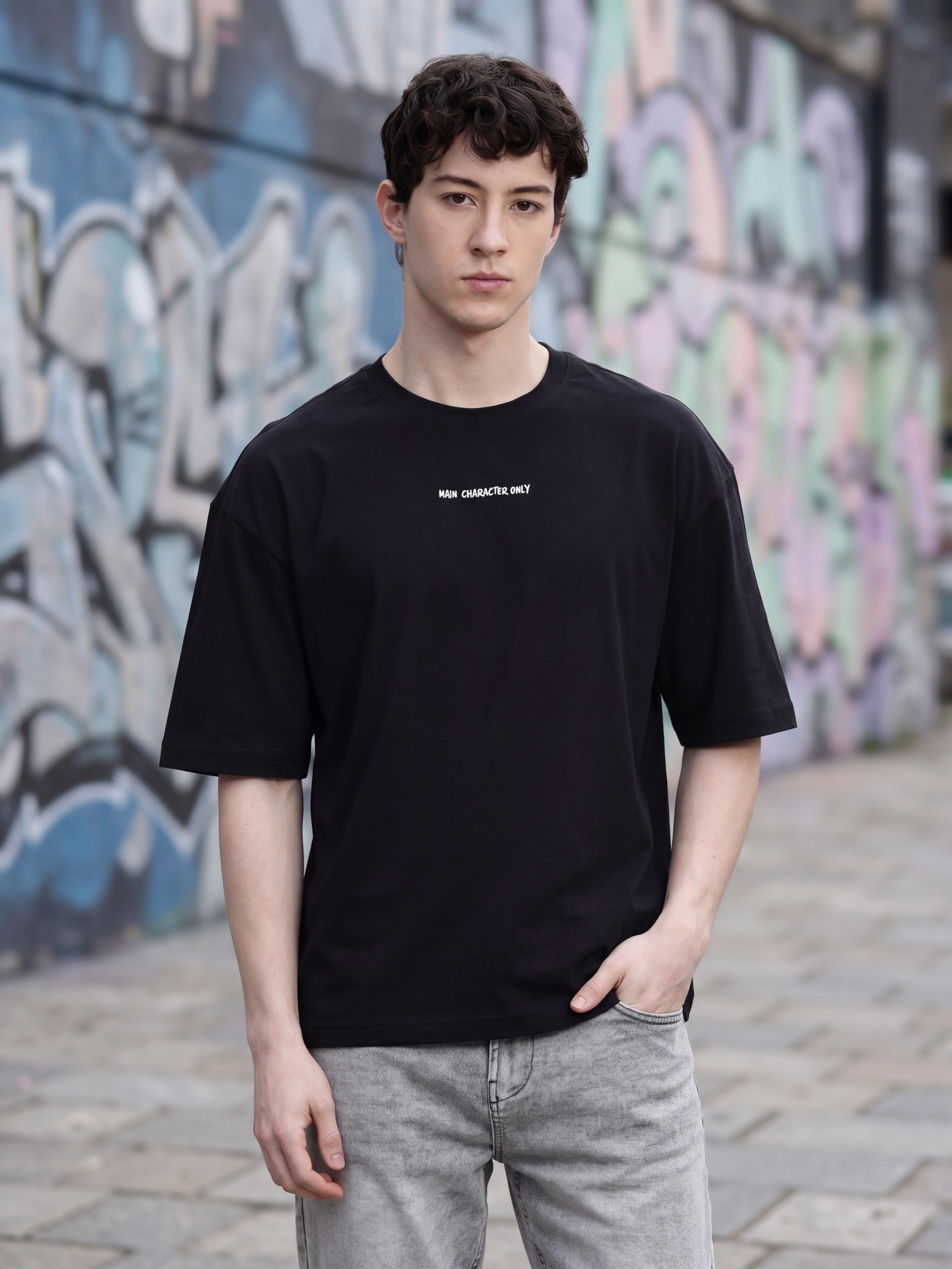 Black Printed Oversized Fit T-Shirt for Men - Image 1