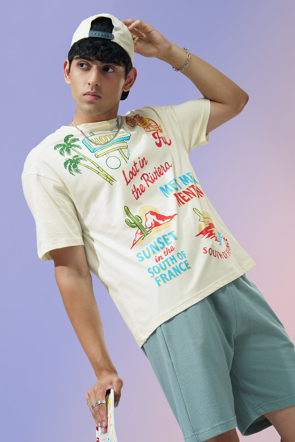 Off White Typographic Printed Oversized Fit T-Shirt for Men - Image 1