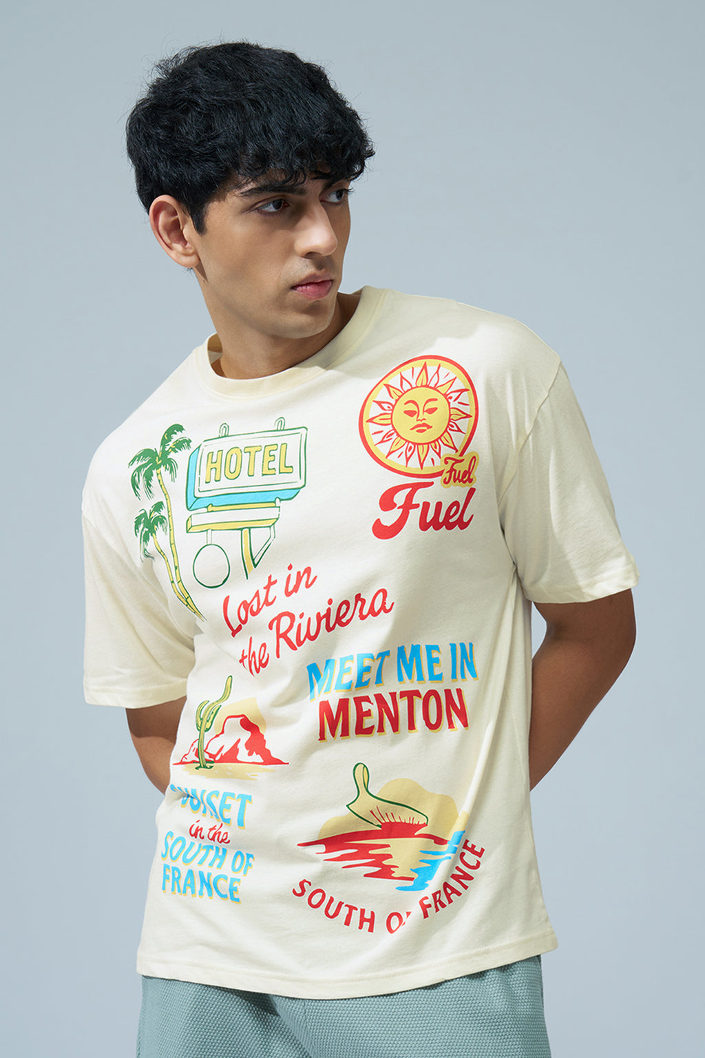 Off White Typographic Printed Oversized Fit T-Shirt for Men - Image 2