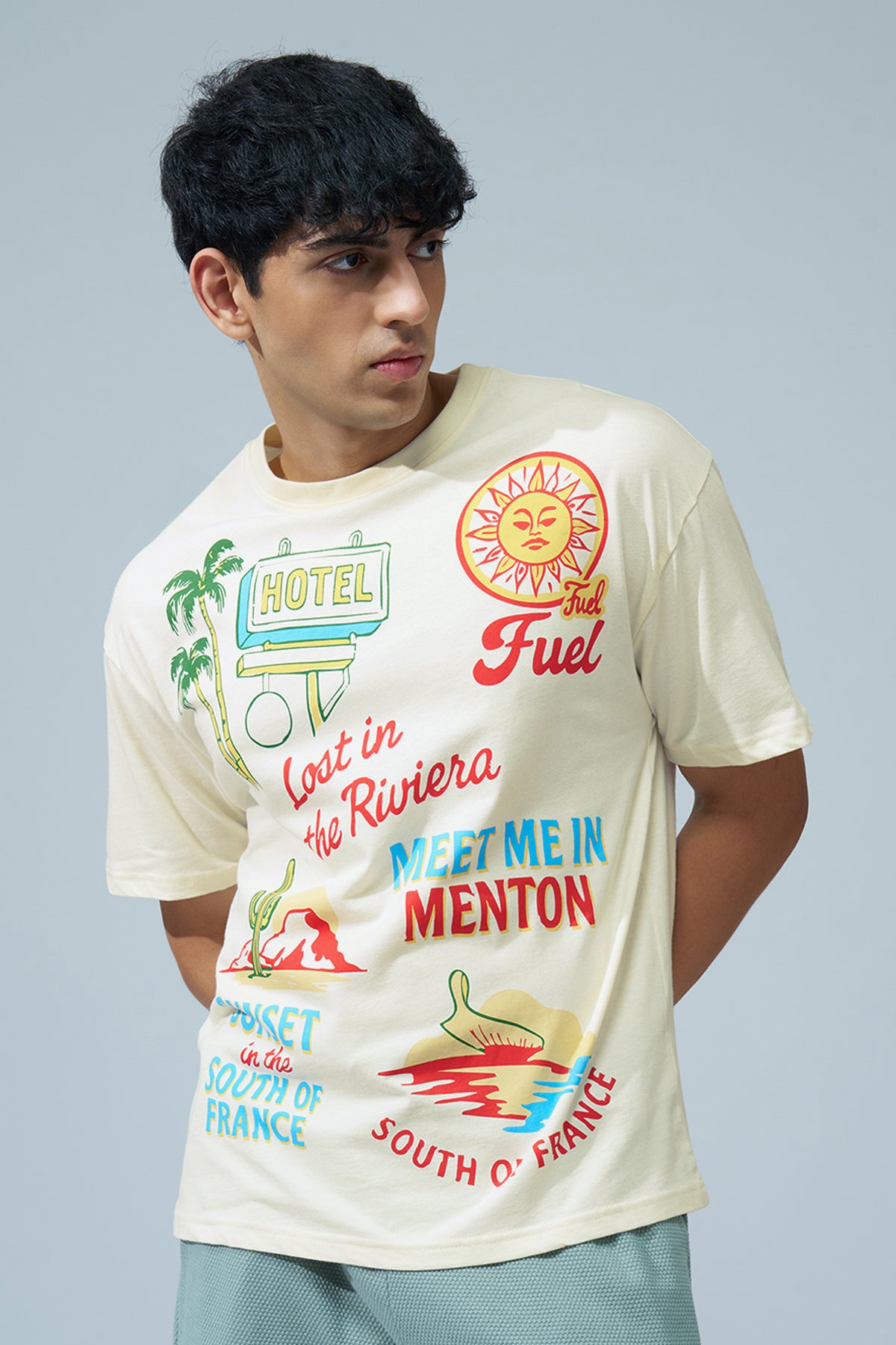 Off White Typographic Printed Oversized Fit T-Shirt for Men - Image 2