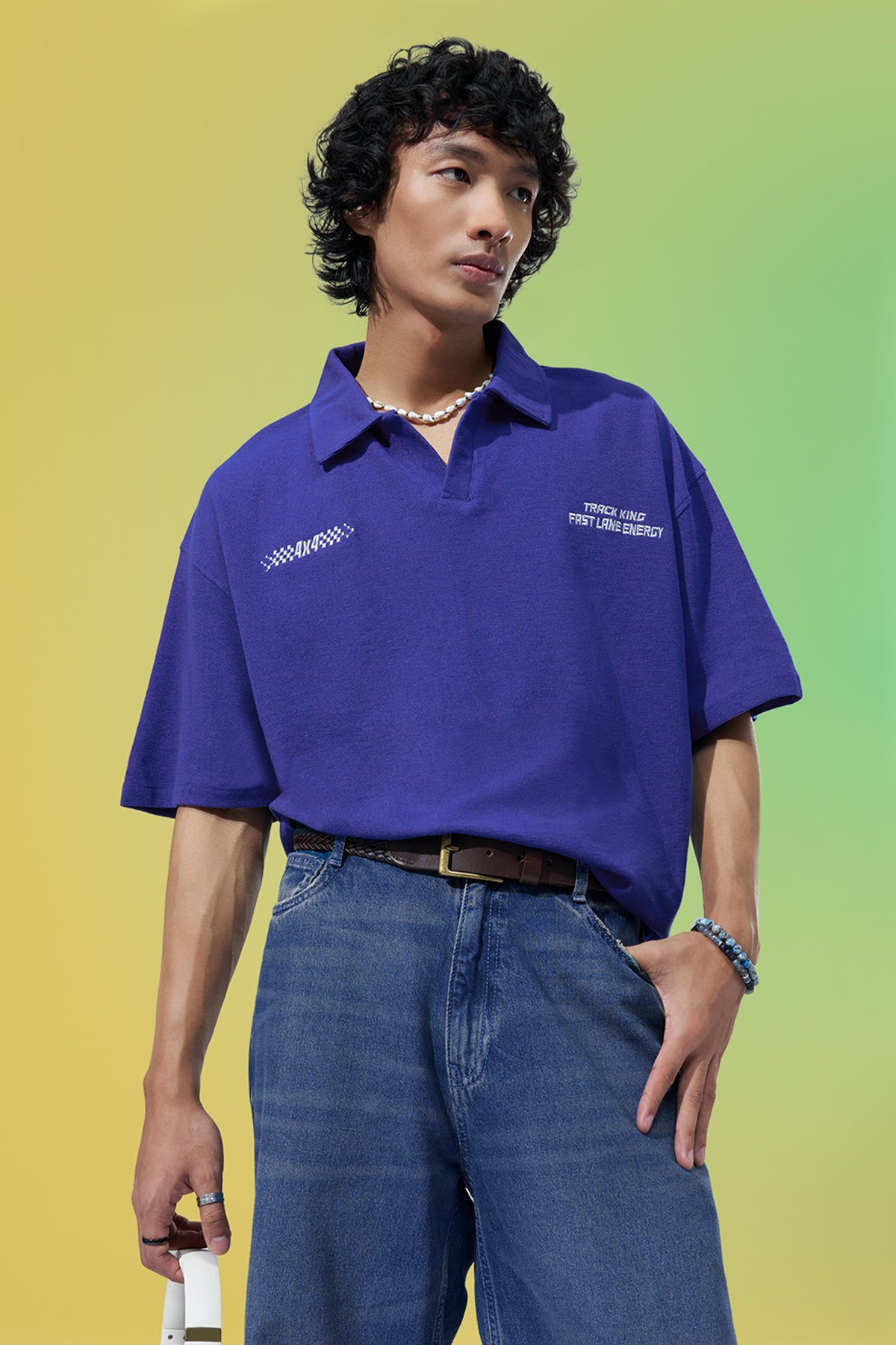 Blue Embroidered Oversized Fit Polo T-Shirt for Men - Image 1
