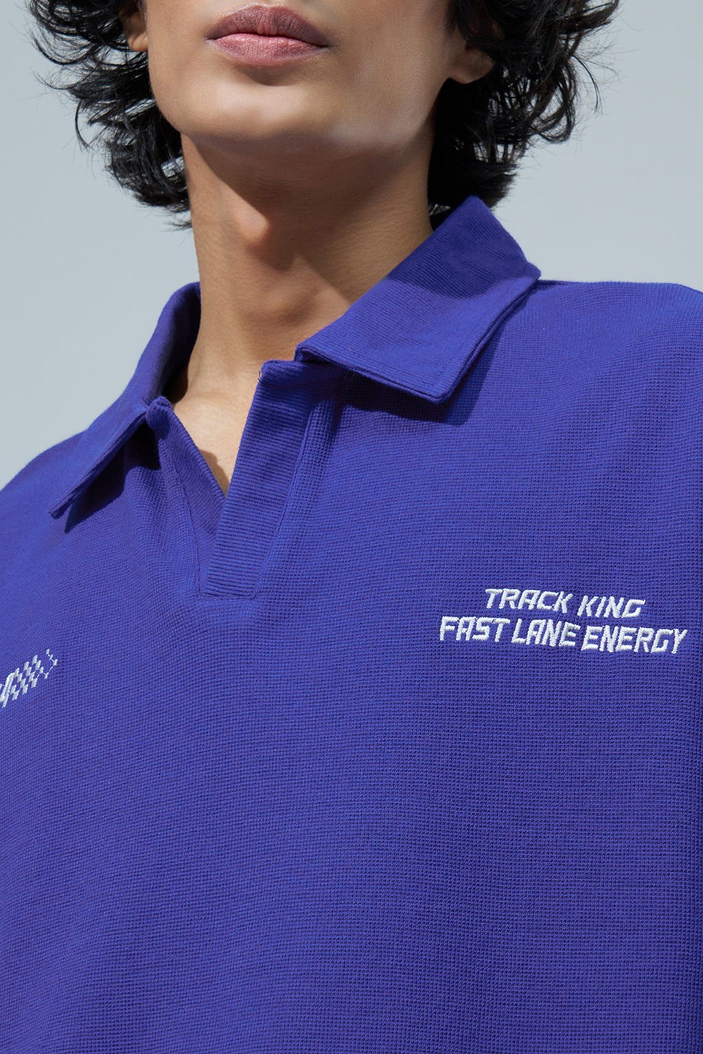 Blue Embroidered Oversized Fit Polo T-Shirt for Men - Image 2