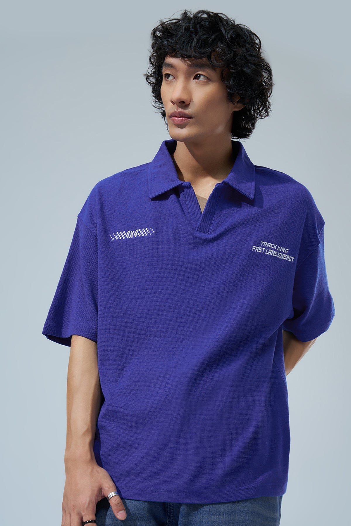 Blue Embroidered Oversized Fit Polo T-Shirt for Men - Image 3