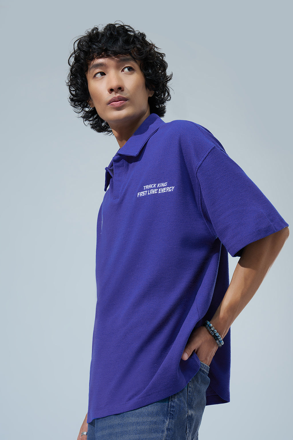 Blue Embroidered Oversized Fit Polo T-Shirt for Men - Image 4