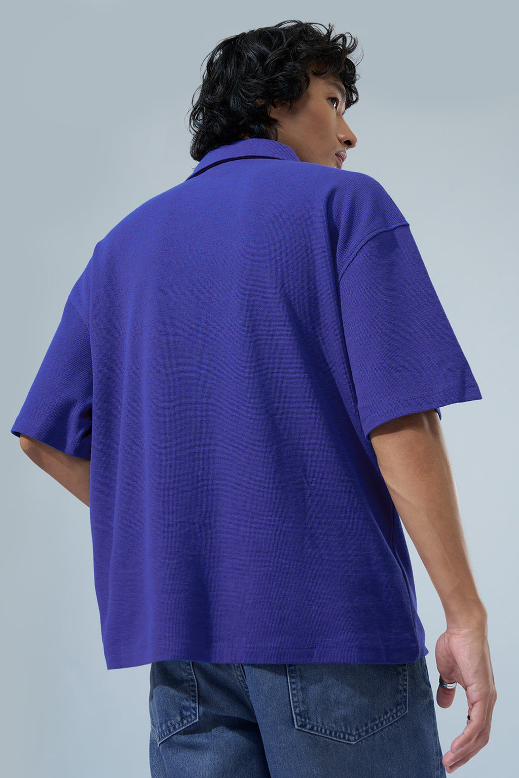 Blue Embroidered Oversized Fit Polo T-Shirt for Men - Image 5