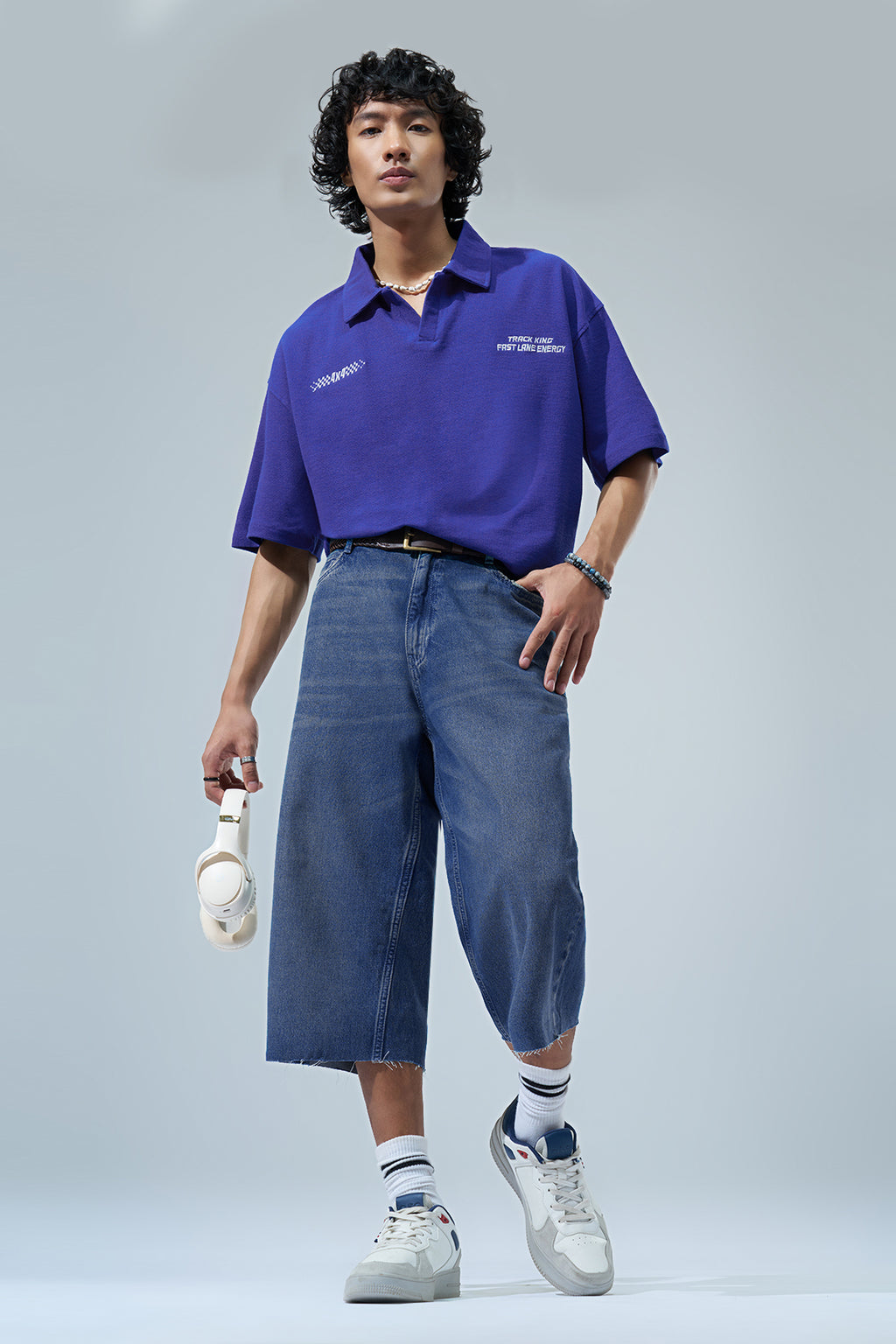 Blue Embroidered Oversized Fit Polo T-Shirt for Men - Image 6