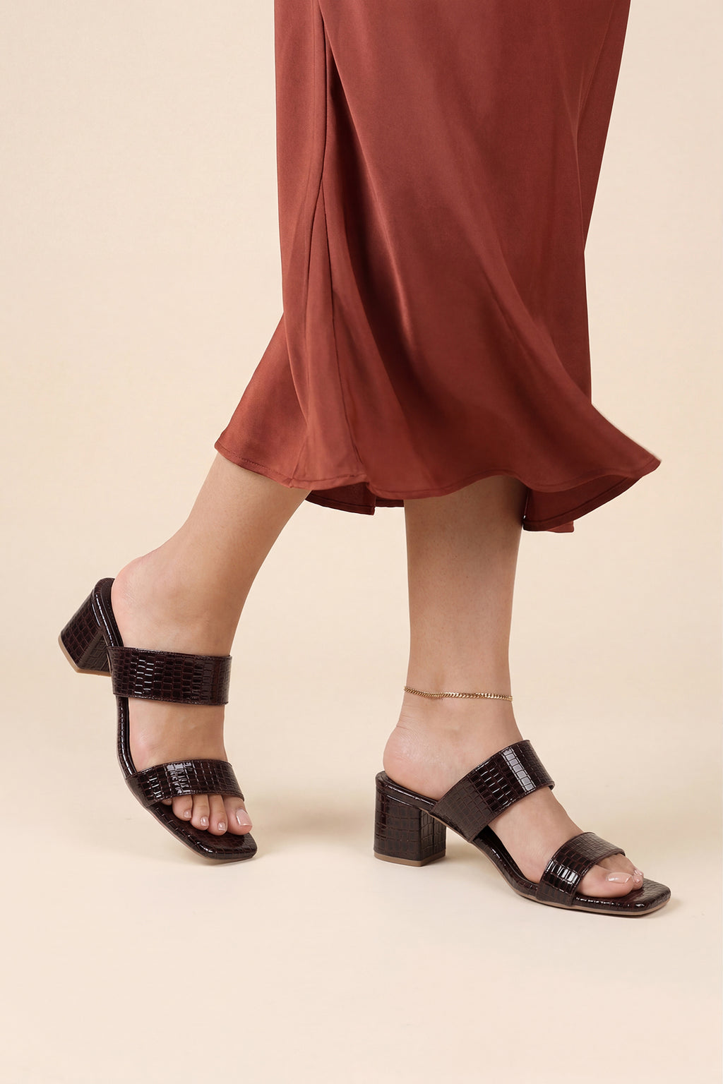 Brown Textured Heeled Sandals for Women - Image 1