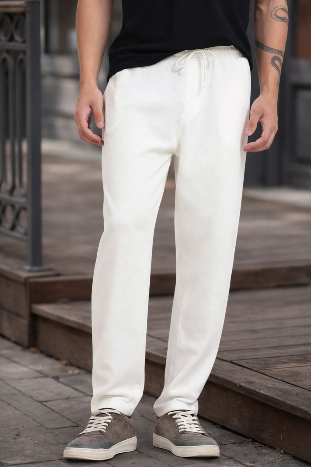 Off White Solid Regular Fit Joggers for Men - Image 1