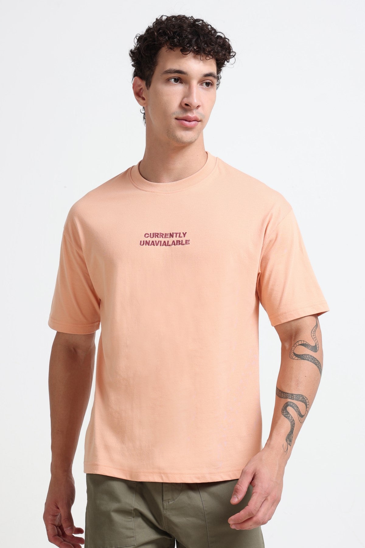 Peach Typographic Embroidered Oversized T-Shirt for Men - Image 4