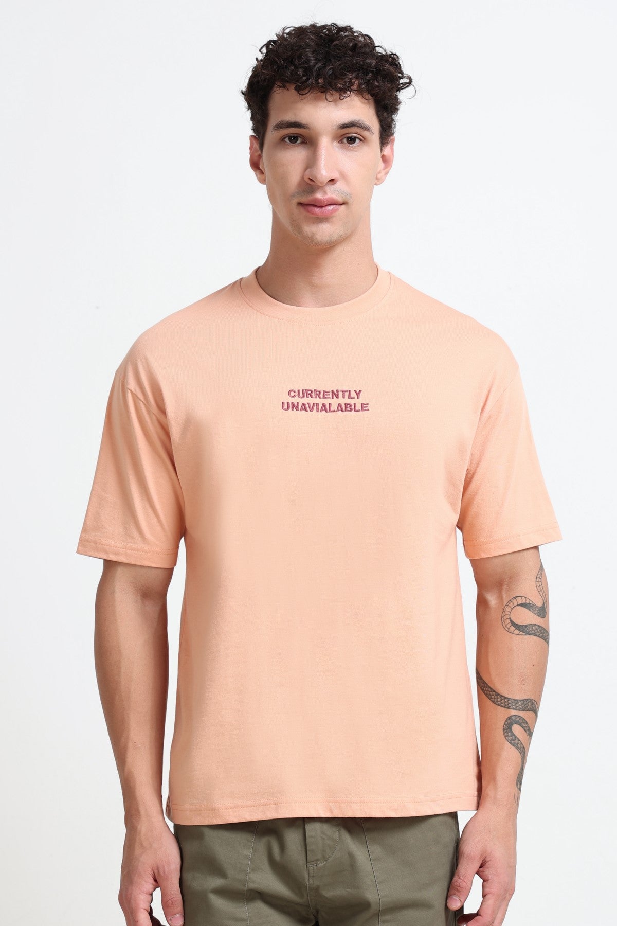 Peach Typographic Embroidered Oversized T-Shirt for Men - Image 2
