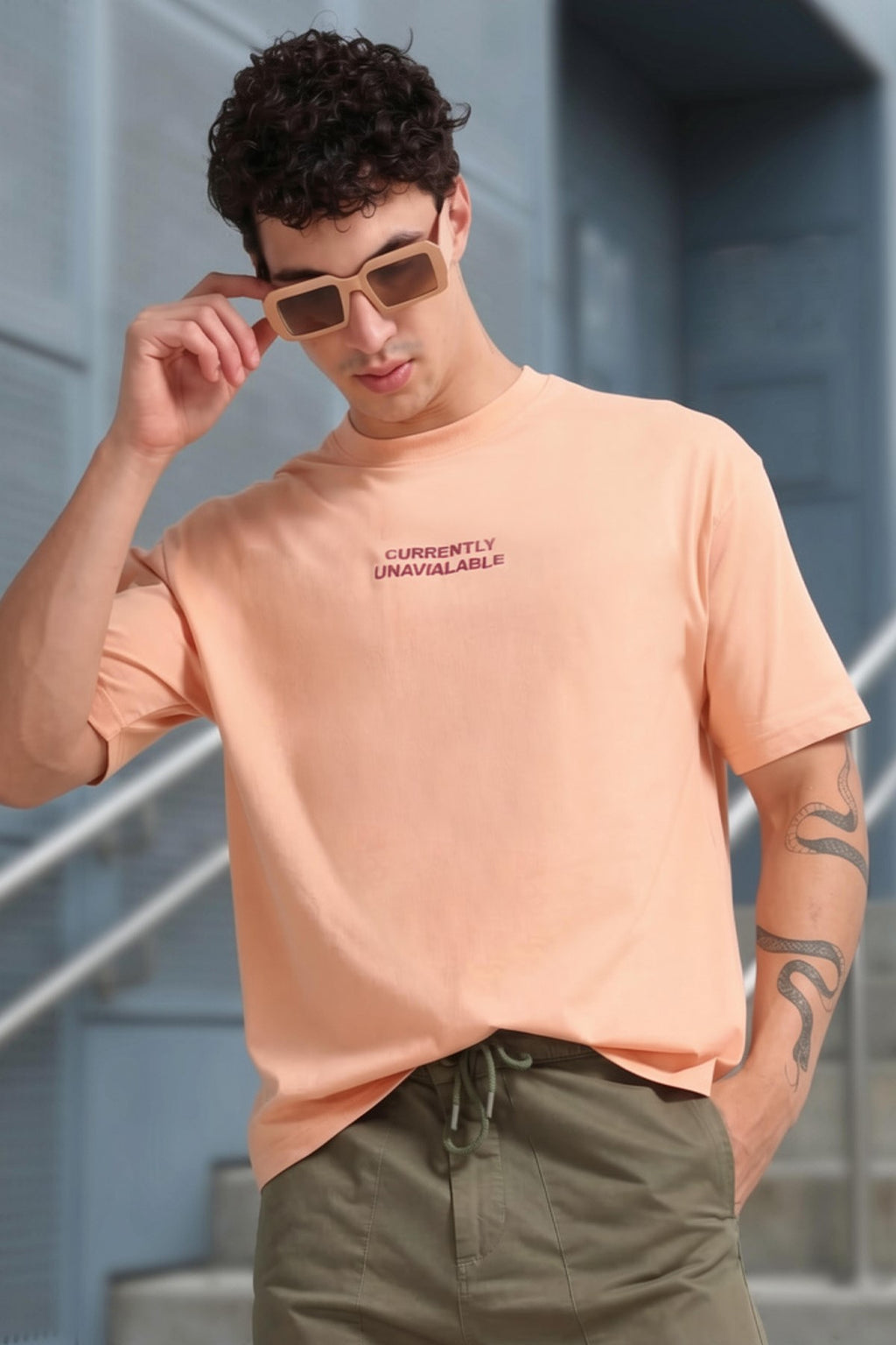 Peach Typographic Embroidered Oversized T-Shirt for Men - Image 1