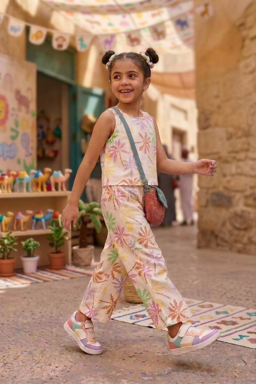 Multi-coloured Tree Printed Regular Fit Co-ord Set for Girls - Image 1