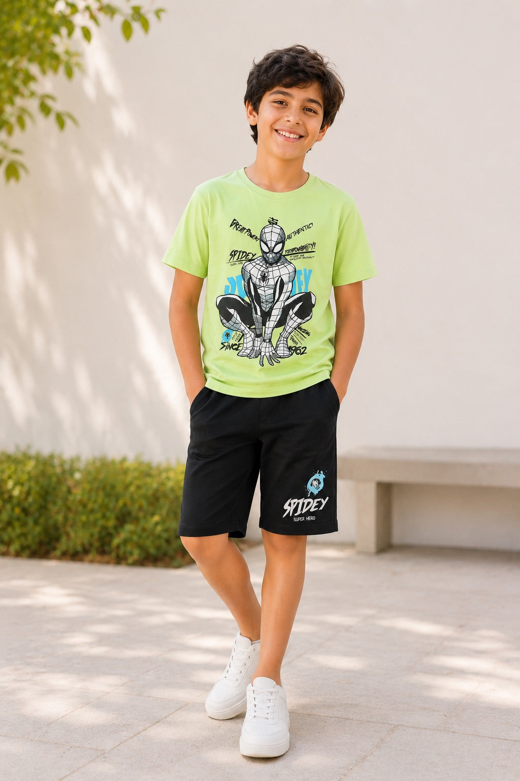 Lime Spiderman Graphic Regular Fit Co-ord Set for Tweens Boys - Image 1