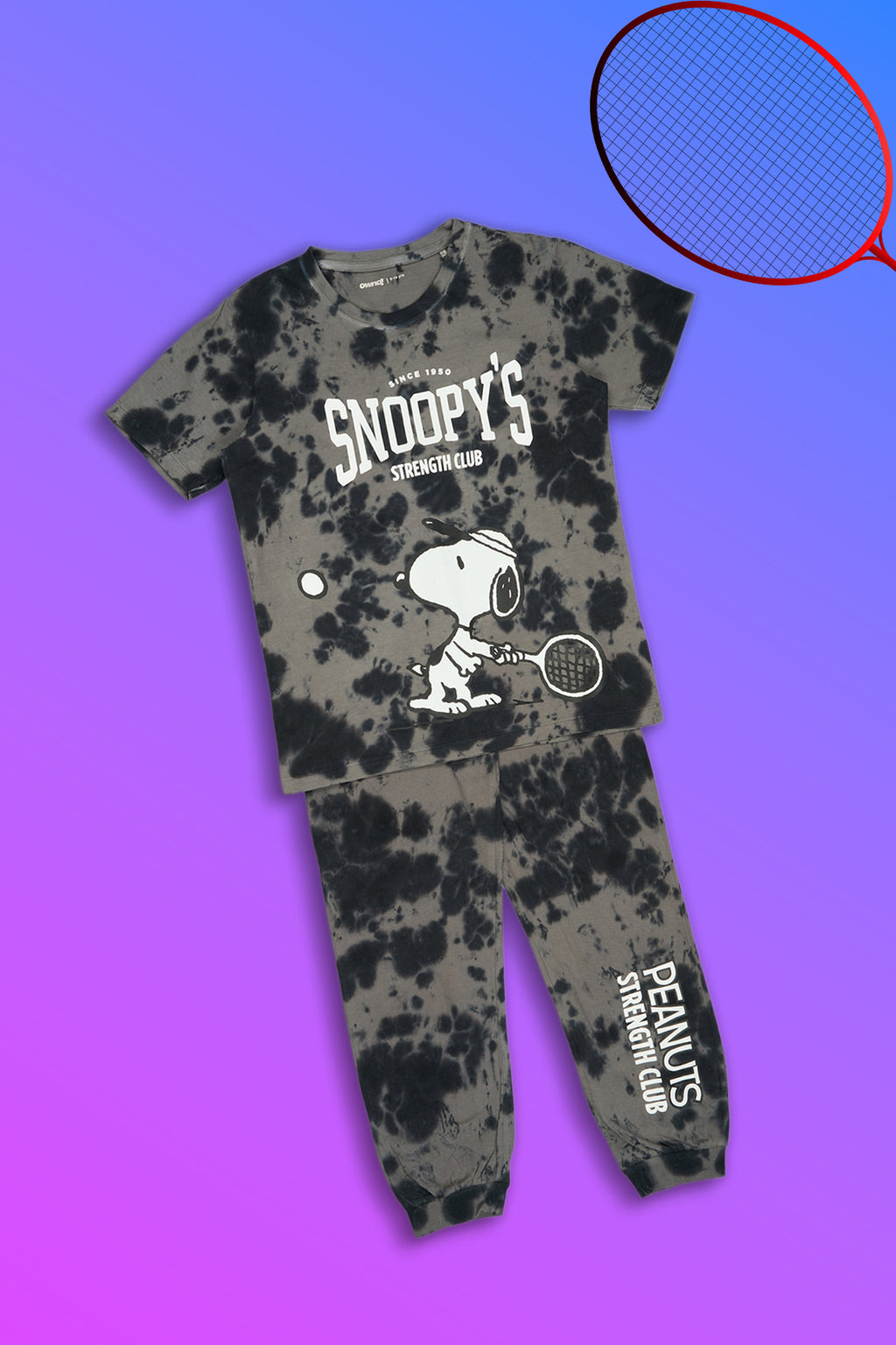 Black Tie- Dye Snoopy Printed Regular Fit Night Suit for Tweens Boys - Image 1