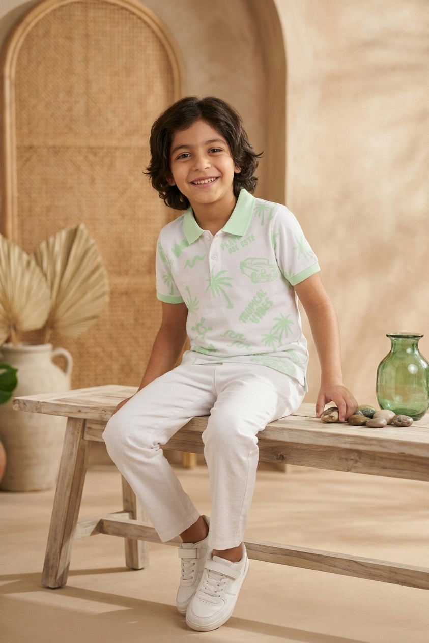 Light Green Patterned Regular Fit Polos for Boys - Image 1