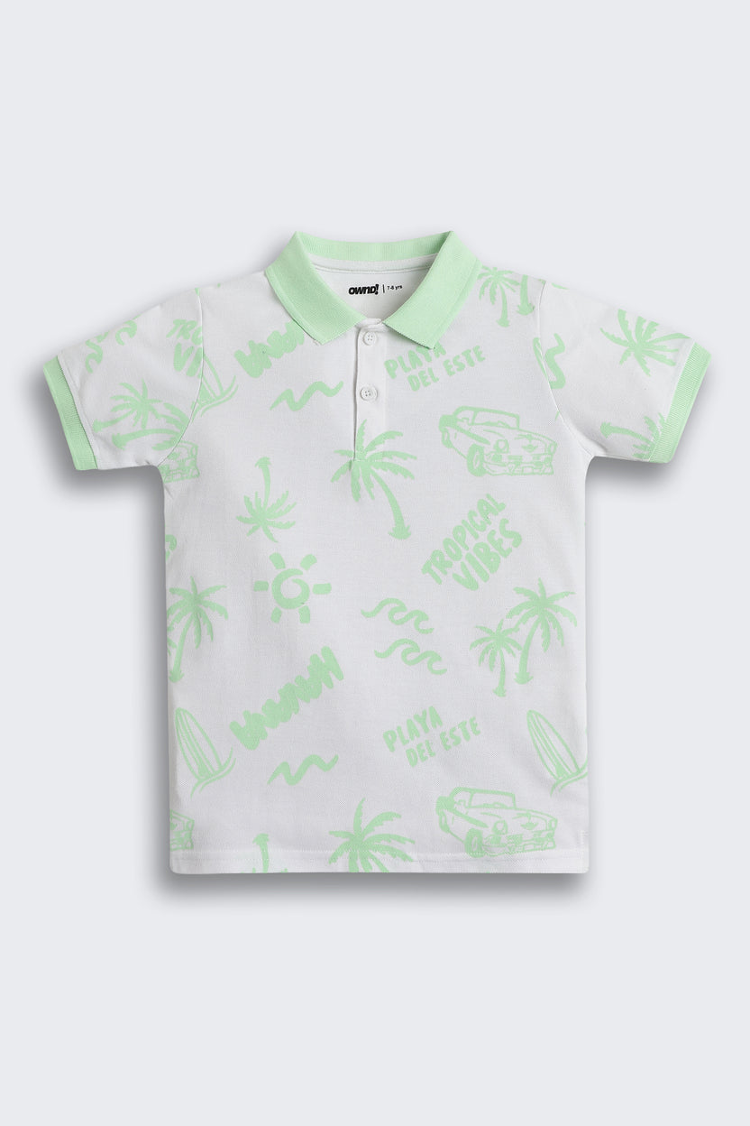 Light Green Patterned Regular Fit Polos for Boys - Image 2