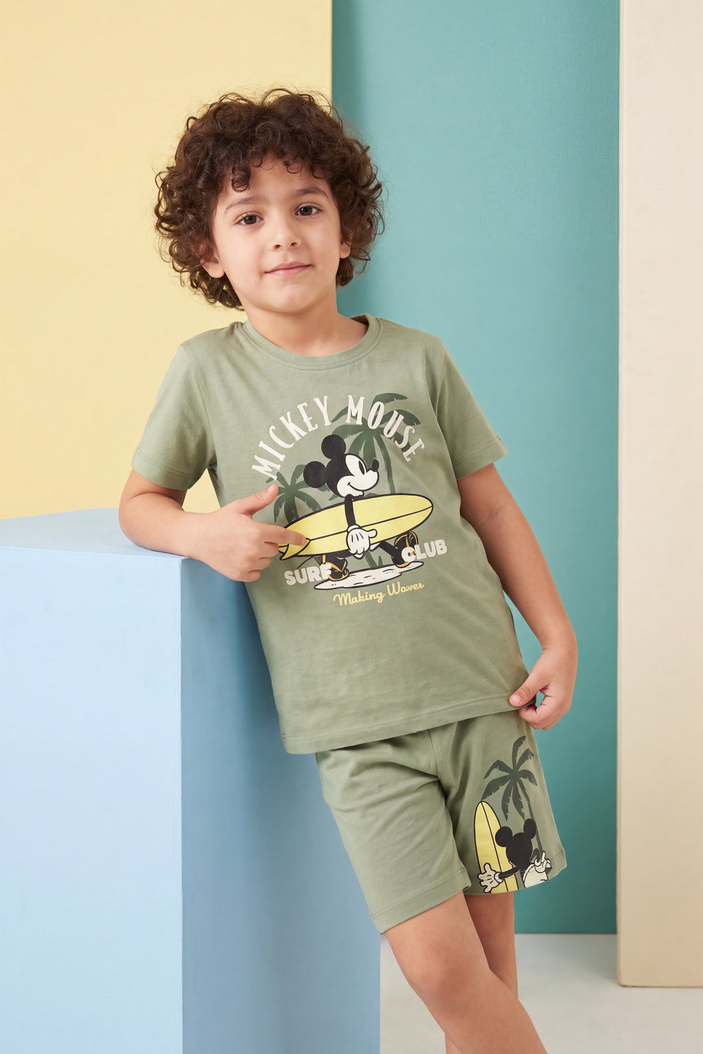 Olive Mickey Mouse Printed Nightwear Set for Boys - Image 1