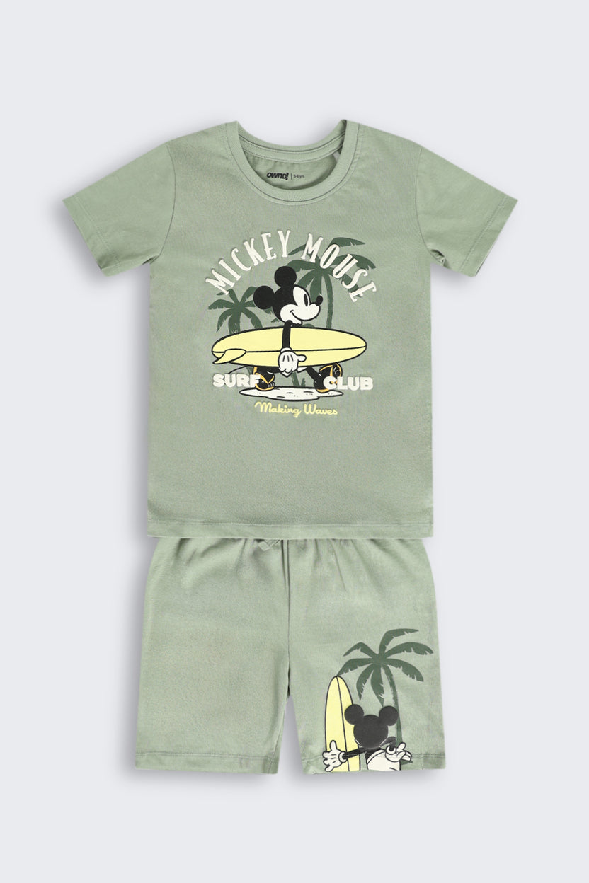 Olive Mickey Mouse Printed Nightwear Set for Boys - Image 2