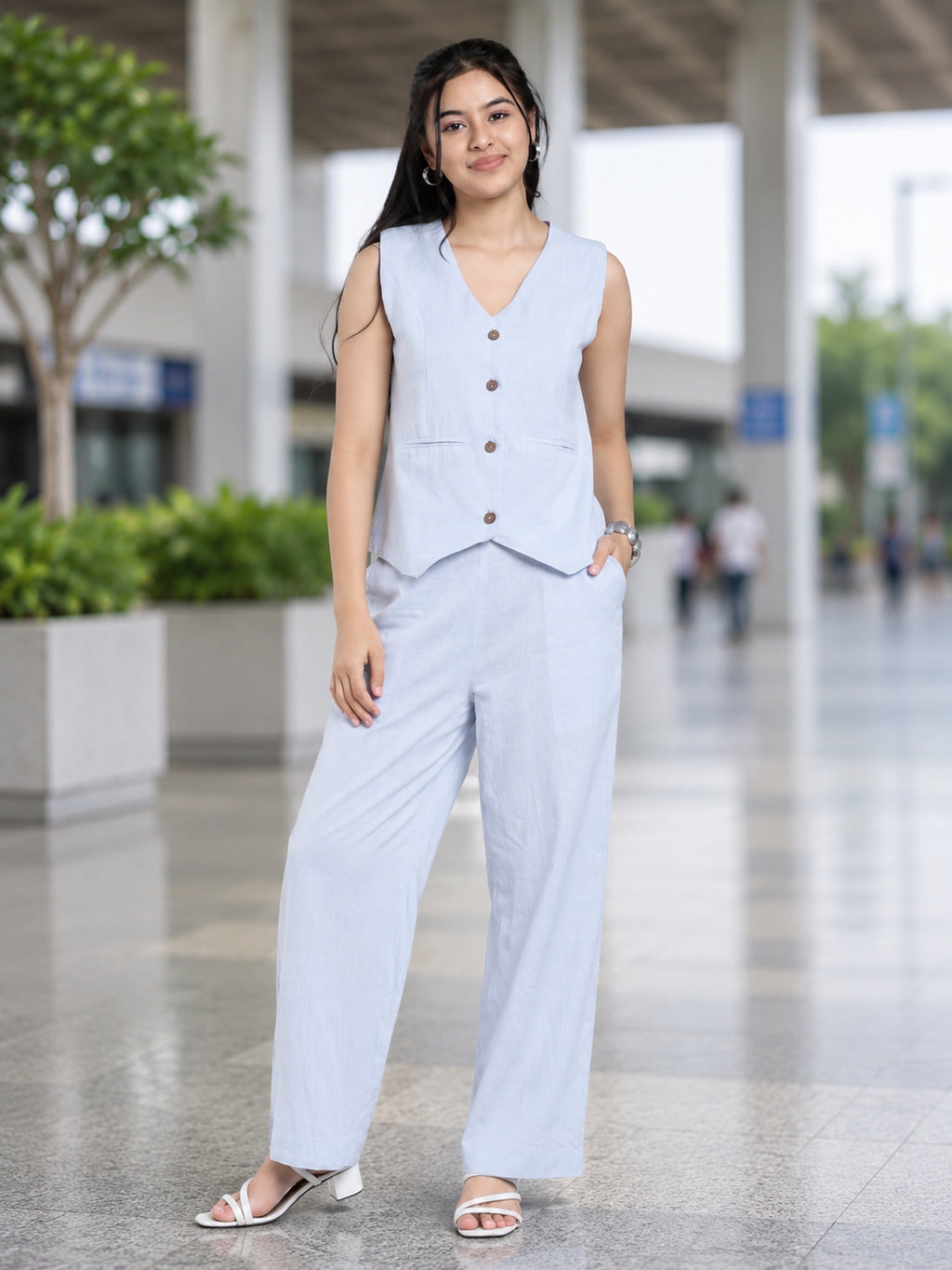 Light Blue Essential Wear Slim Fit Co-ord Set For Women - Image 1