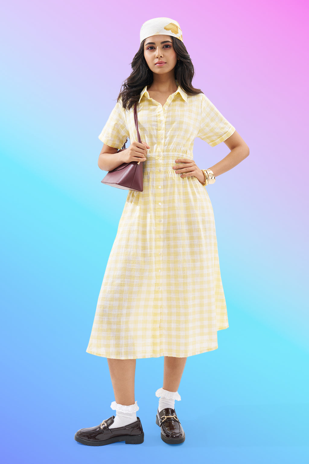 Yellow Checked Shirt Dress for Women - Image 1