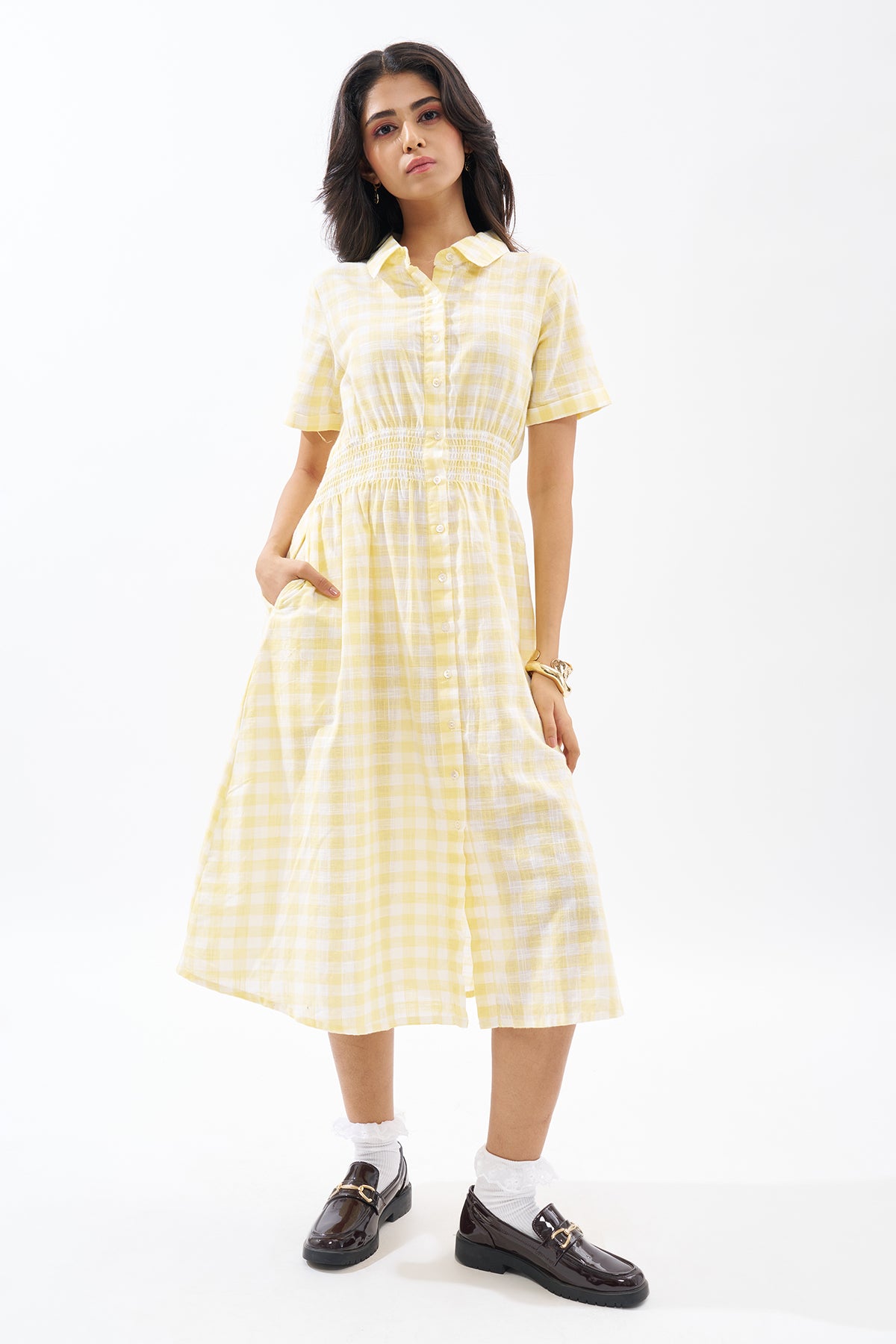 Yellow Checked Shirt Dress for Women - Image 2