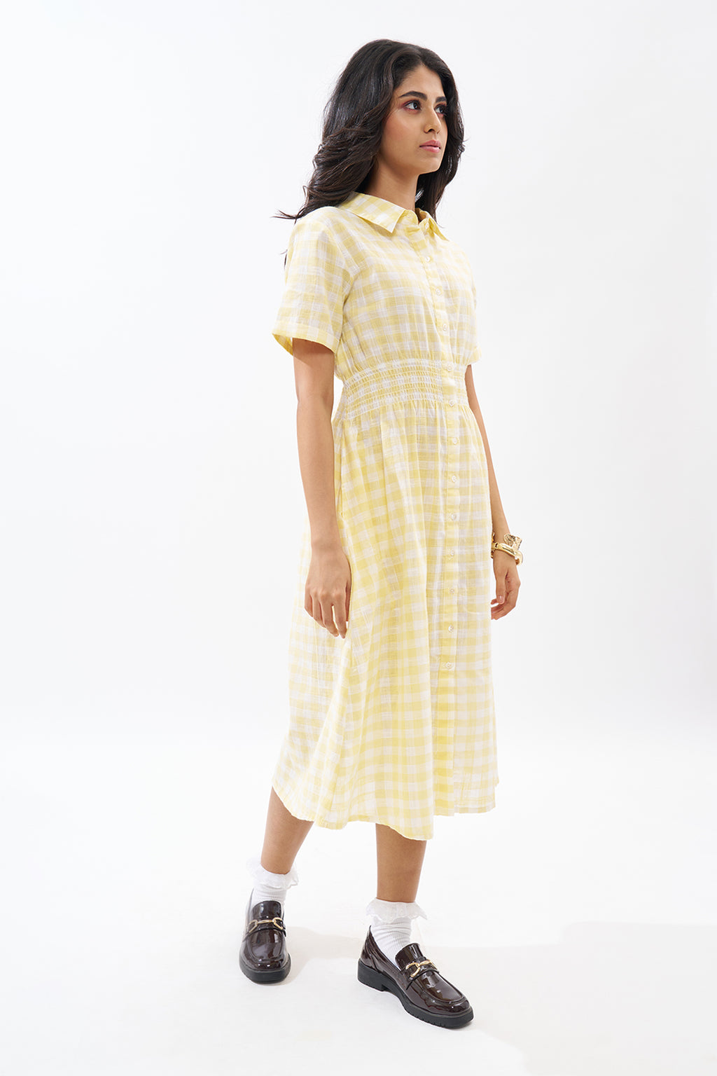 Yellow Checked Shirt Dress for Women - Image 4
