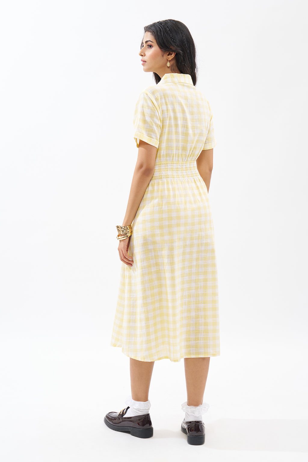 Yellow Checked Shirt Dress for Women - Image 5