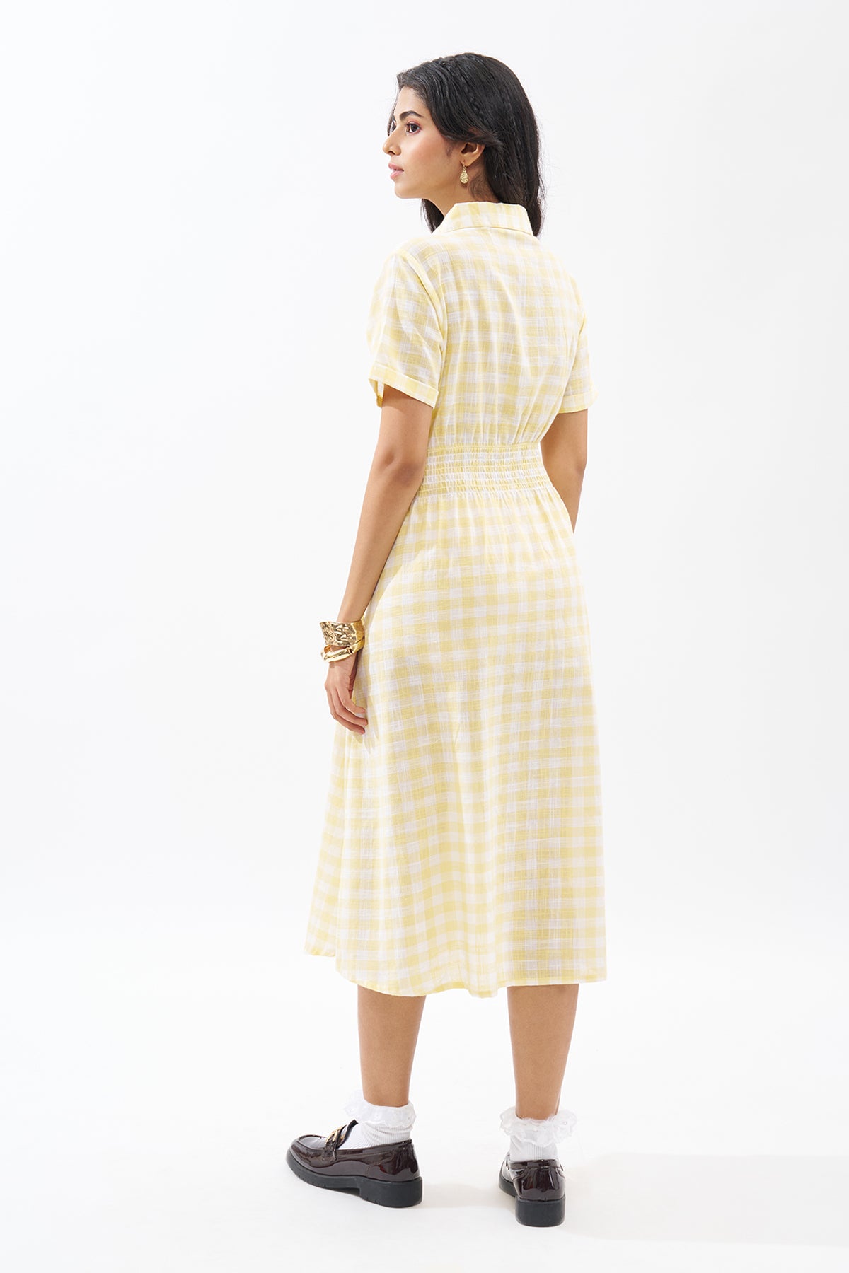 Yellow Checked Shirt Dress for Women - Image 5