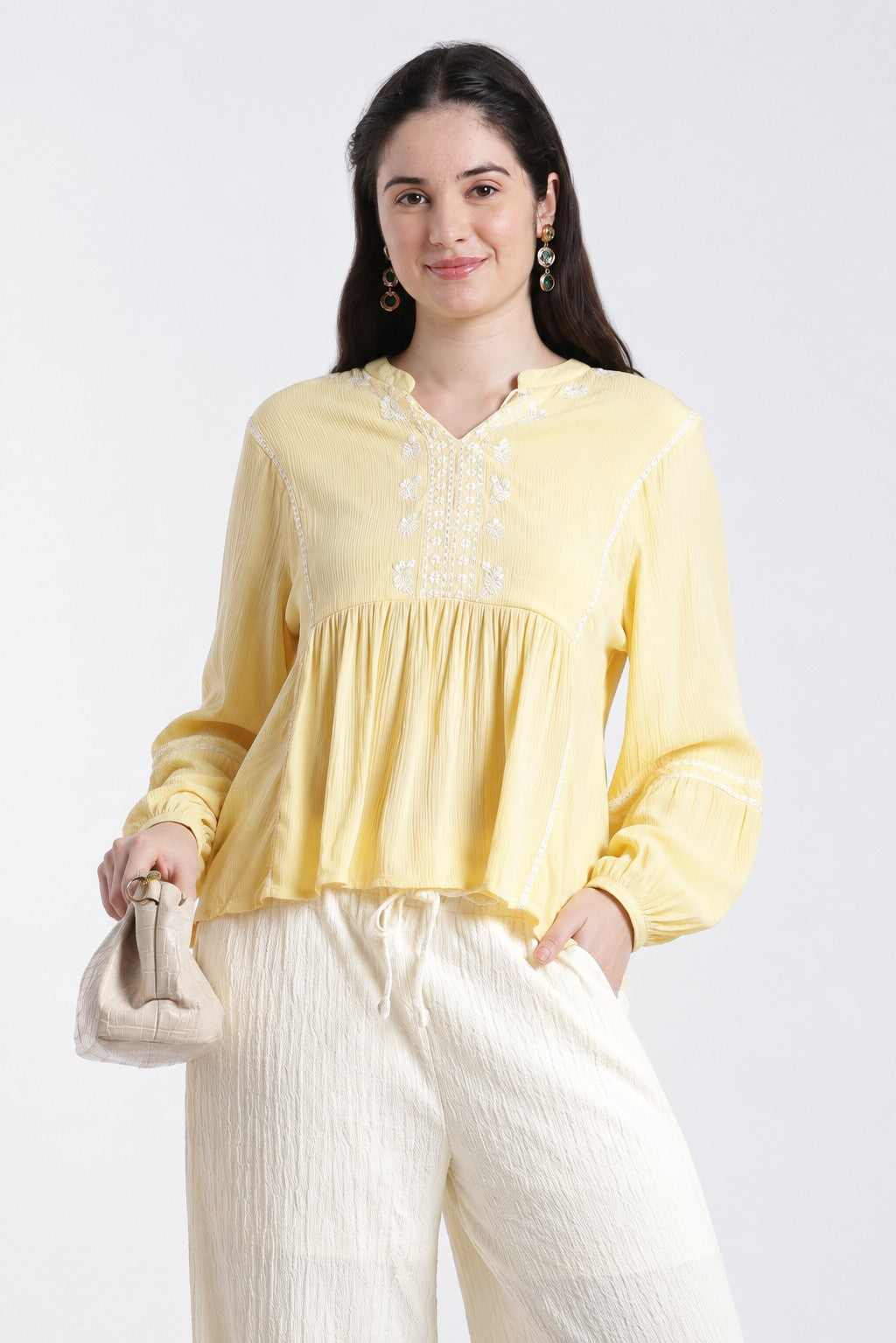 Yellow Smocked Relaxed Fit Tunic For Women - Image 1