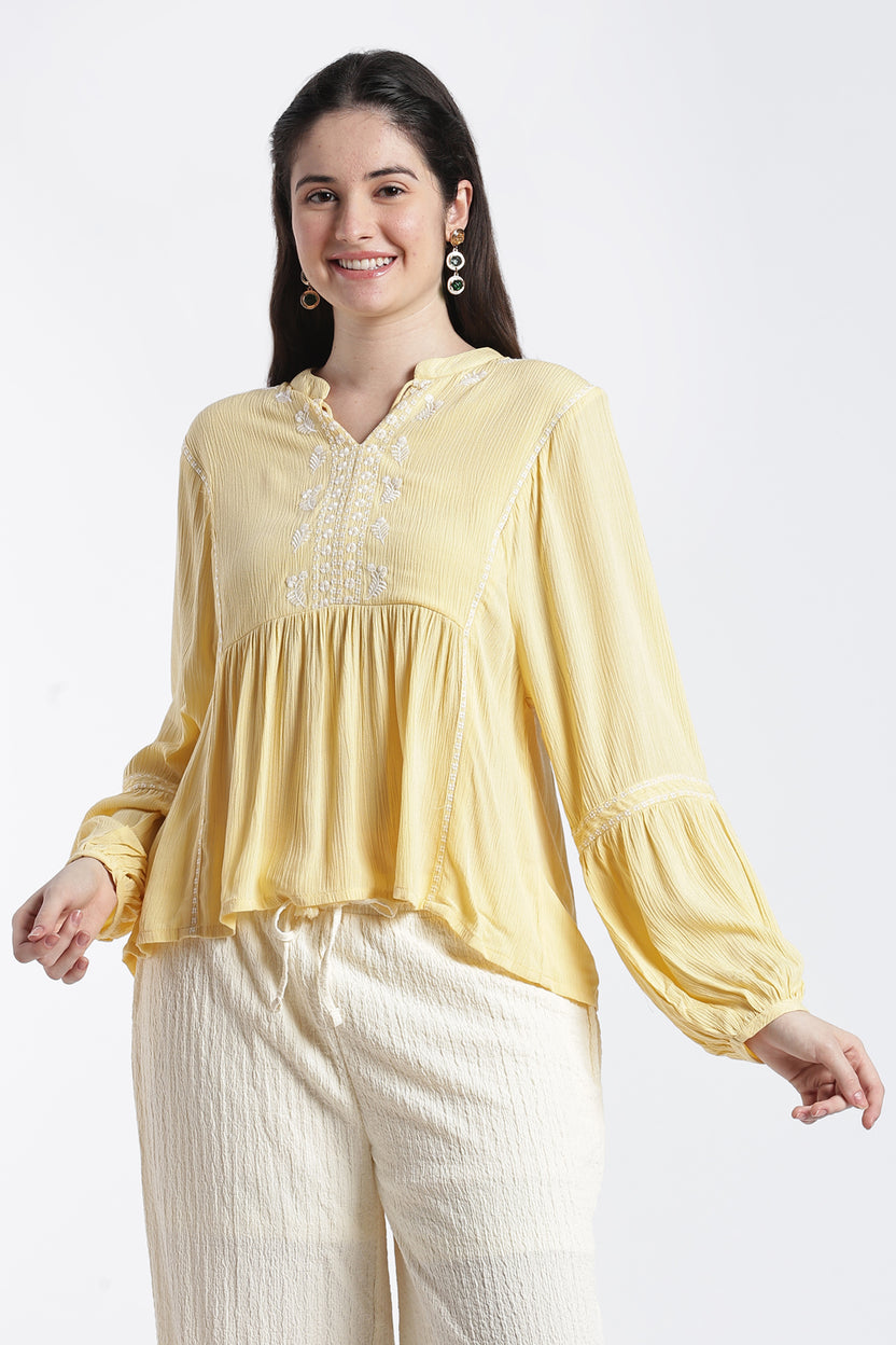 Yellow Smocked Relaxed Fit Tunic For Women - Image 2