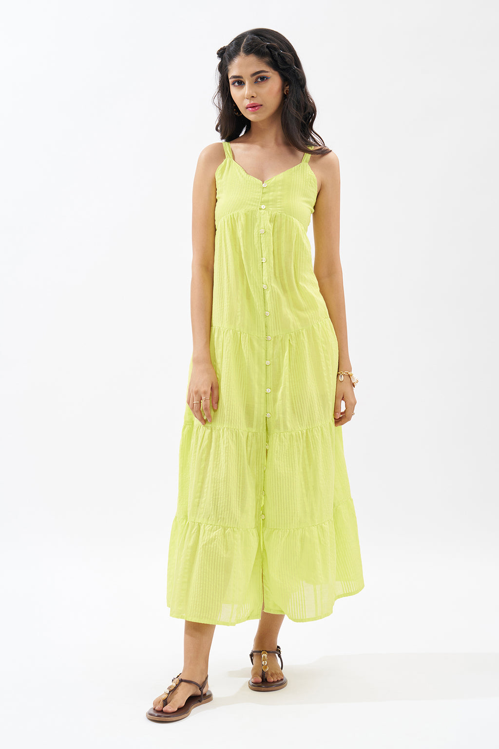 Lime Sleeveless Seersucker Tiered Dress for Women - Image 2