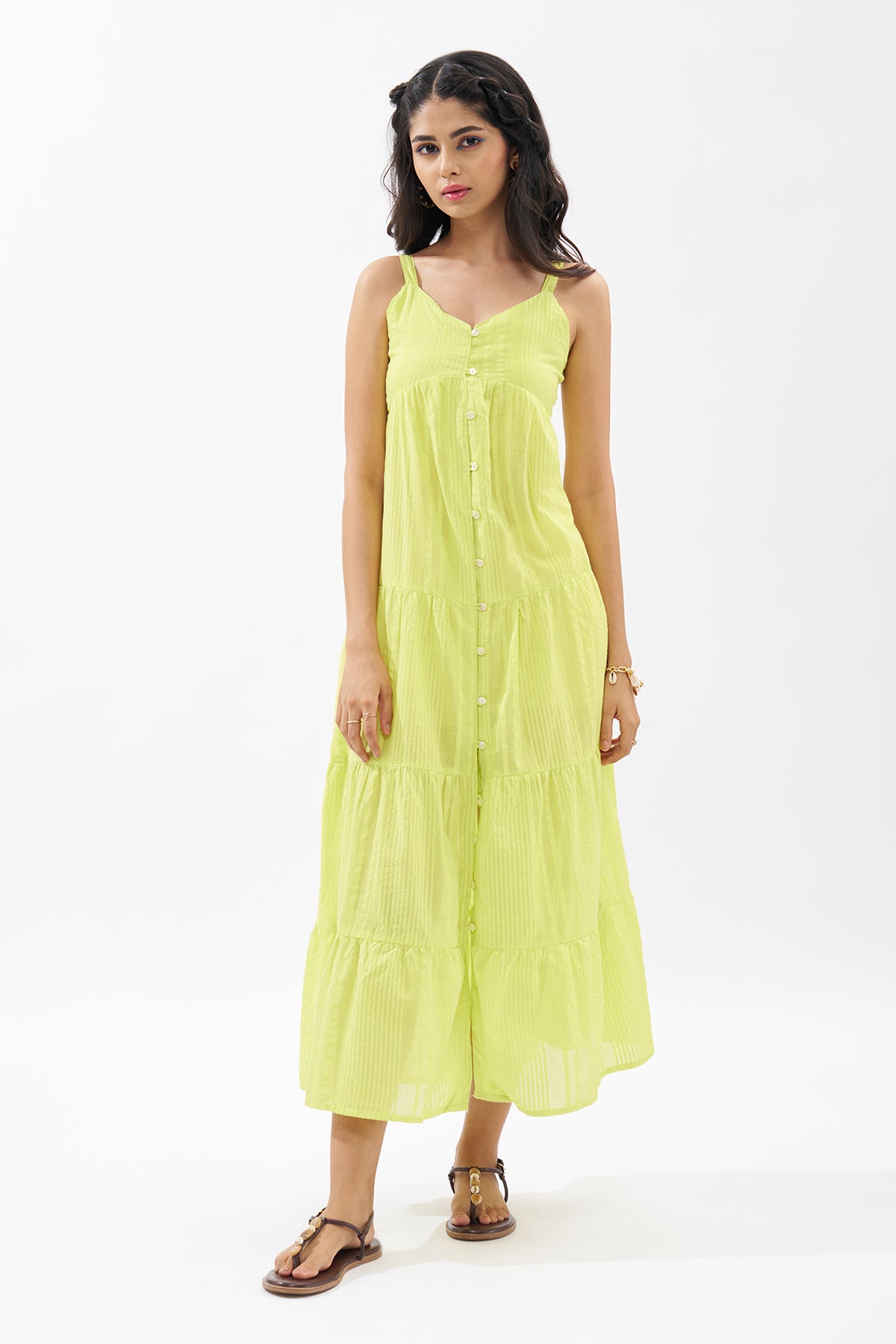 Lime Sleeveless Seersucker Tiered Dress for Women