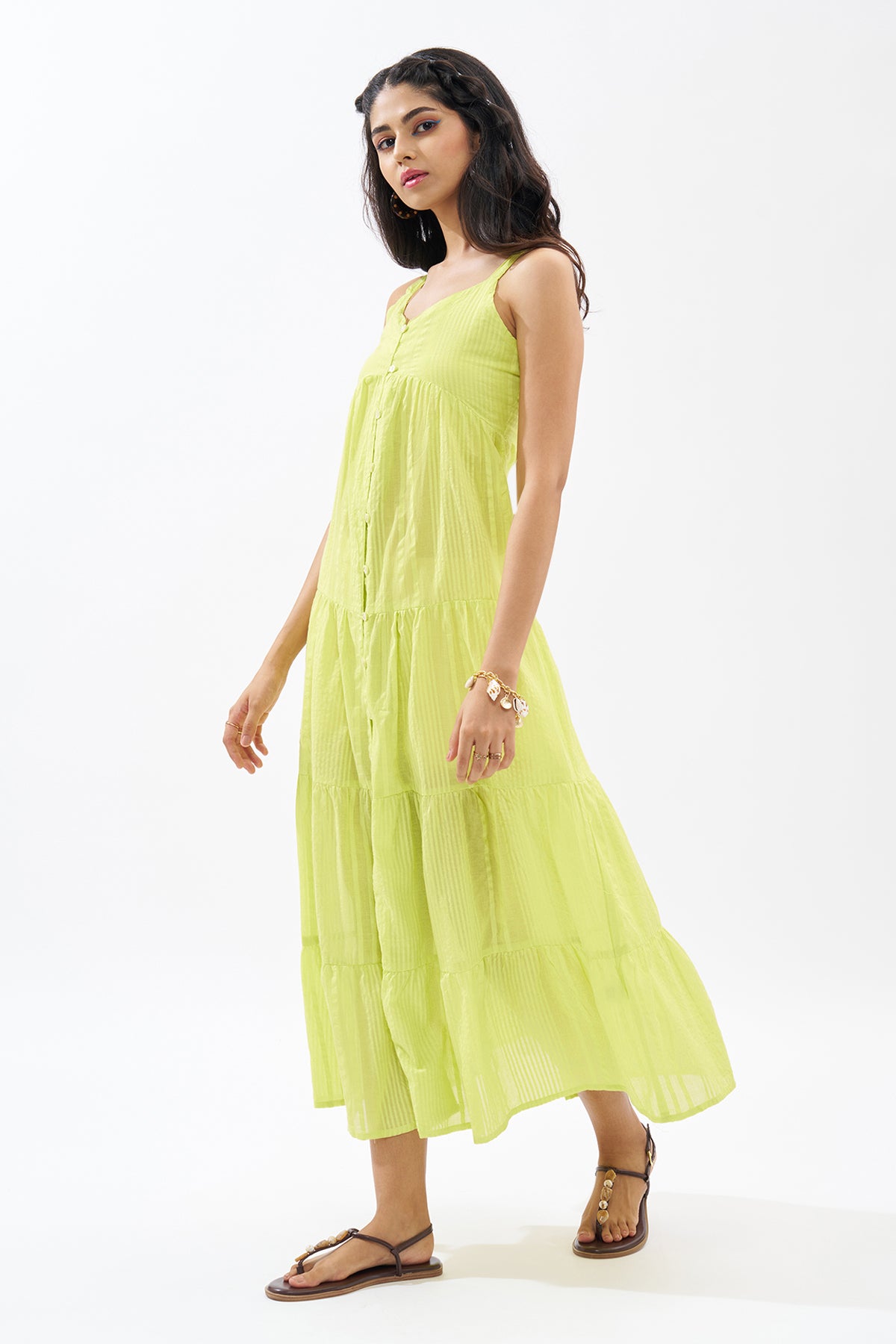 Lime Sleeveless Seersucker Tiered Dress for Women - Image 4