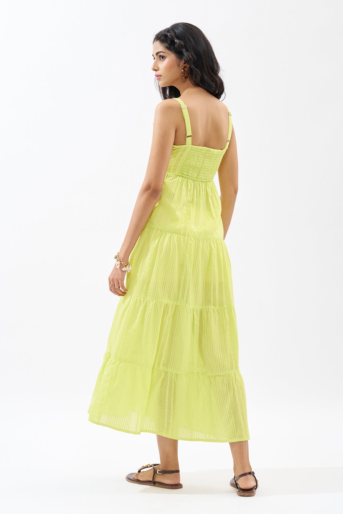 Lime Sleeveless Seersucker Tiered Dress for Women - Image 5