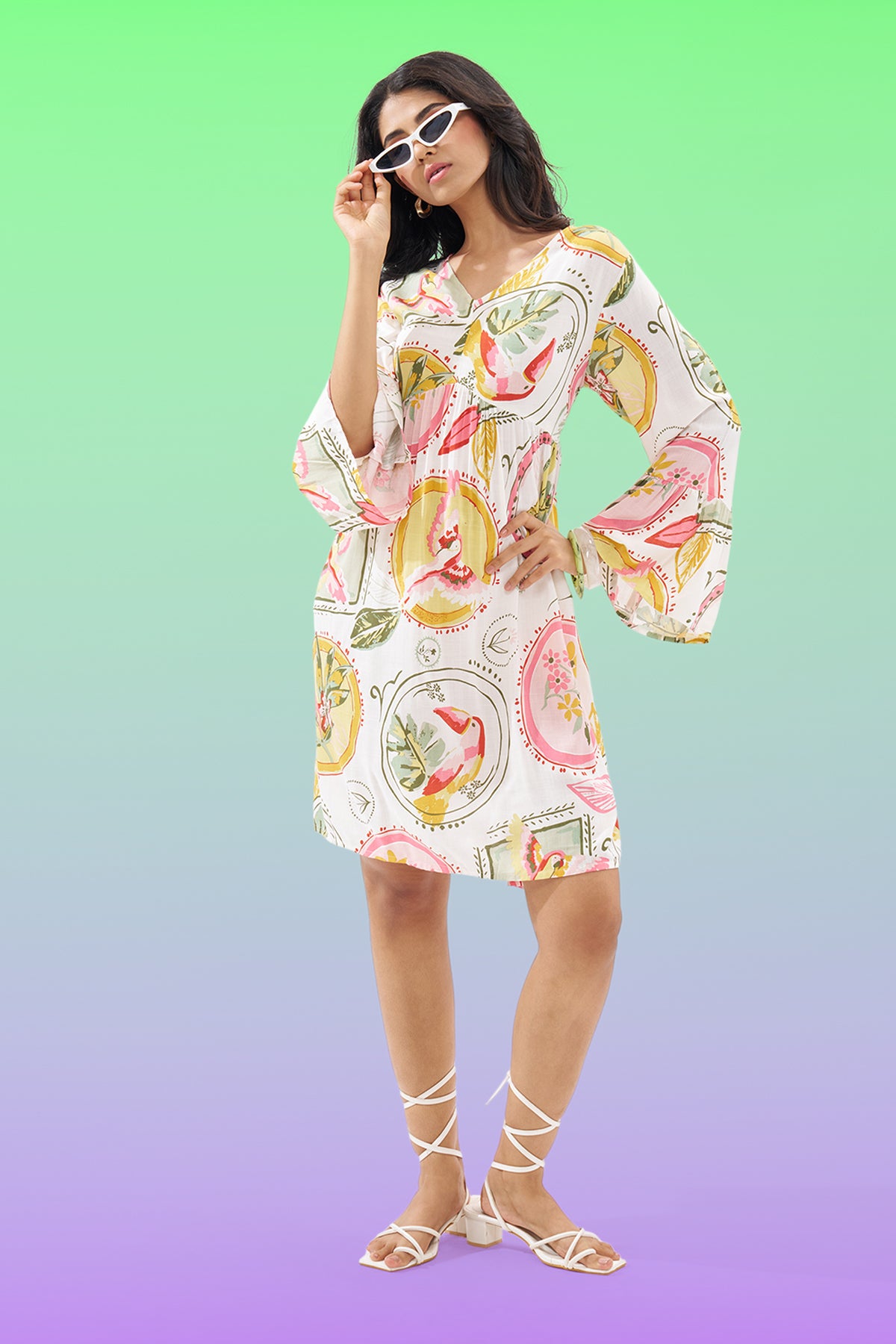 Pink Tropical Print Dress for Women - Image 1