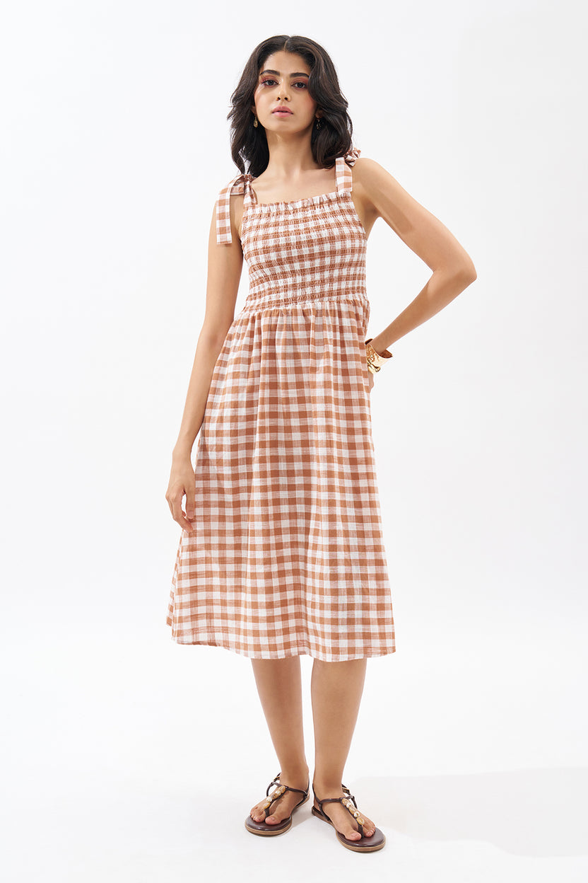 Brown Sleeveless Checked Dress For Women - Image 2
