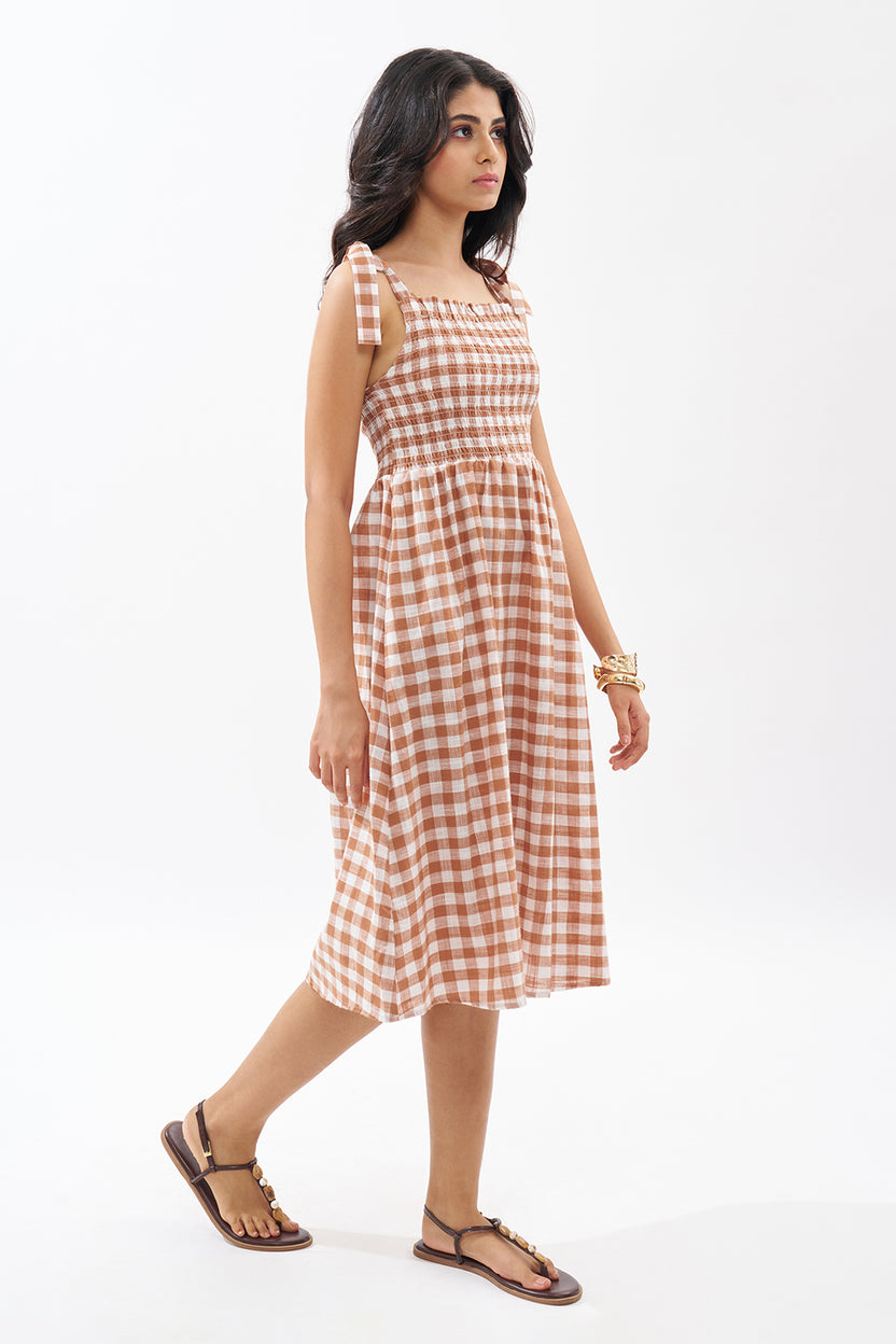 Brown Sleeveless Checked Dress For Women - Image 4