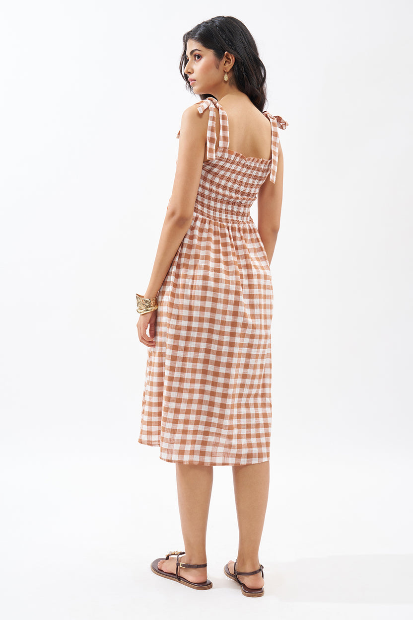 Brown Sleeveless Checked Dress For Women - Image 5