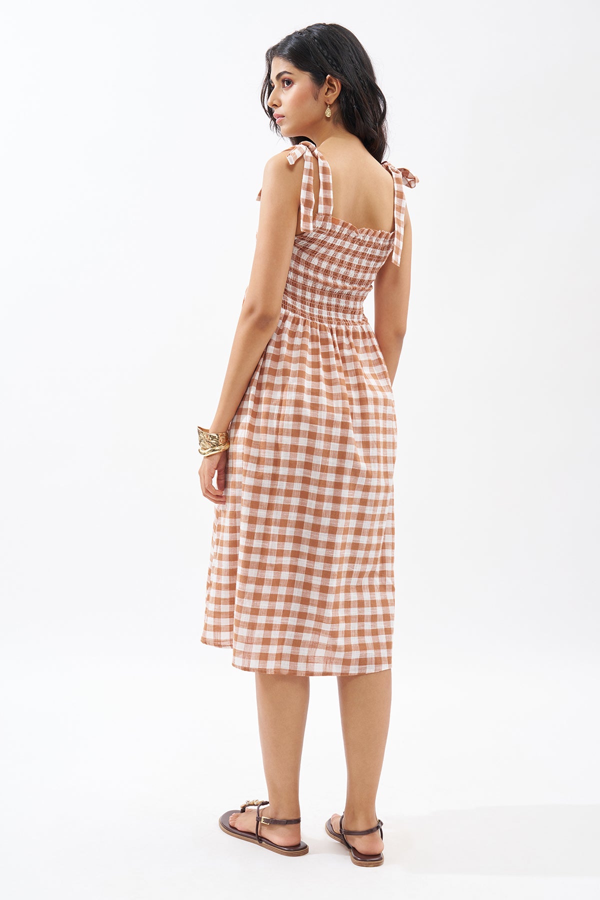 Brown Sleeveless Checked Dress for Women - Image 5