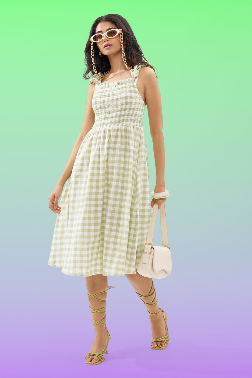 Sage Green Sleeveless Checked Dress For Women - Image 1