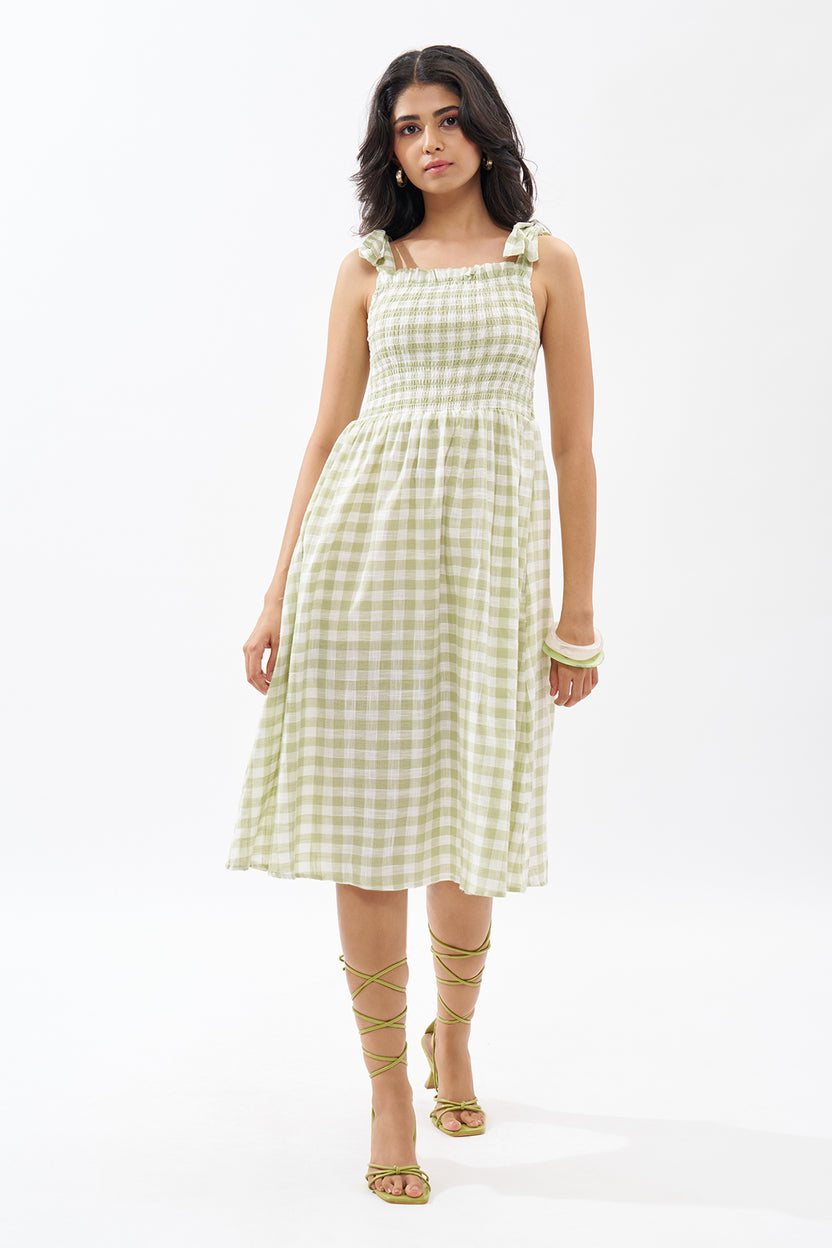 Sage Green Sleeveless Checked Dress For Women - Image 2