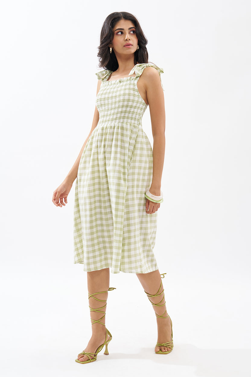 Sage Green Sleeveless Checked Dress For Women - Image 4