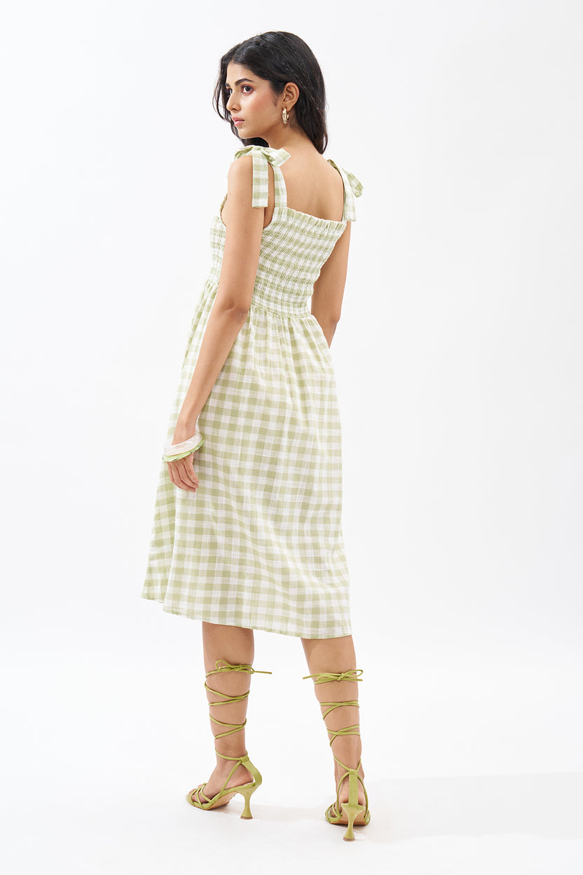 Sage Green Sleeveless Checked Dress For Women - Image 5